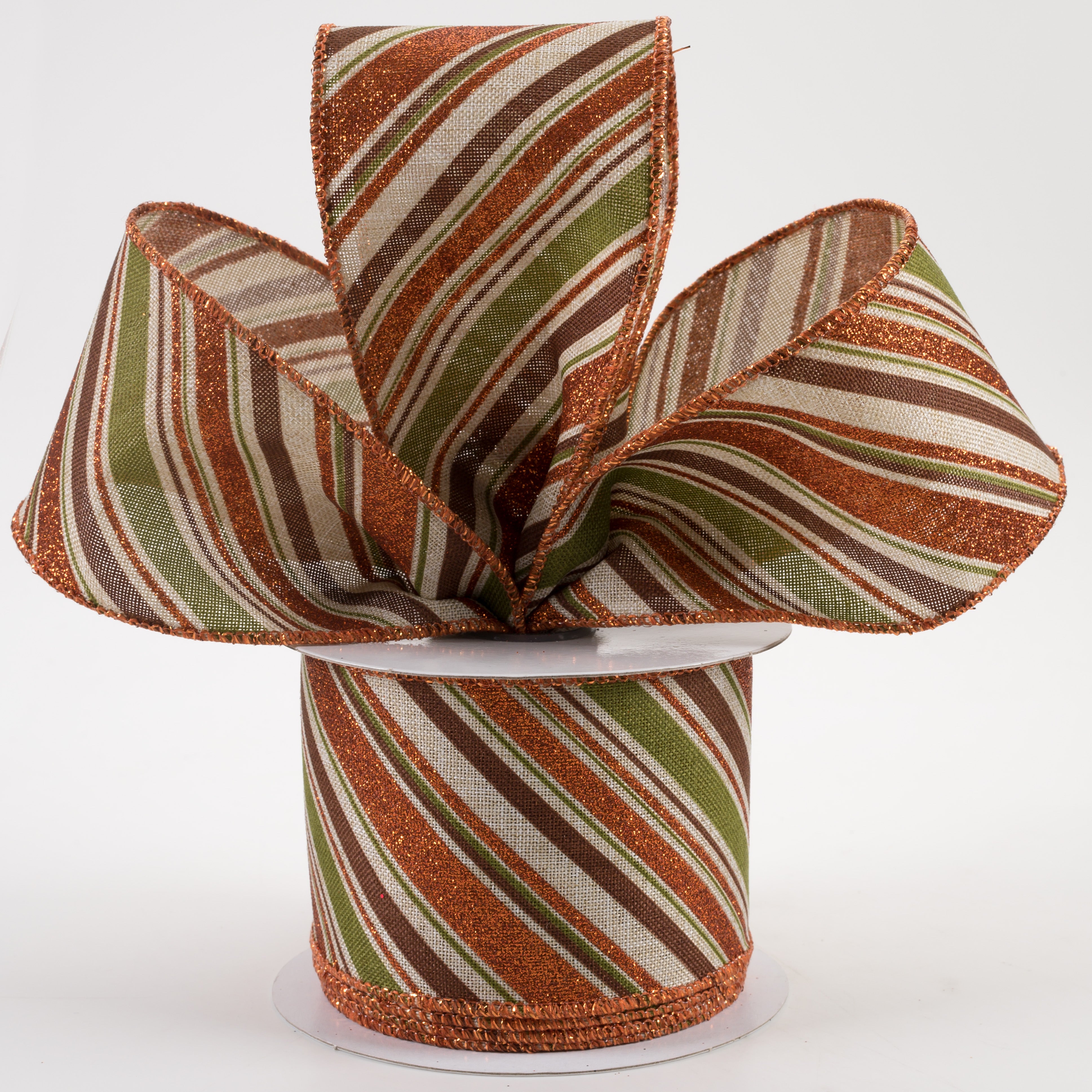 2.5" Diagonal Glitter Stripe Ribbon: Light Natural, Moss, Brown, Orange (10 Yards) Lifestyle Photo