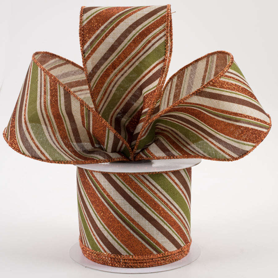 2.5" Diagonal Glitter Stripe Ribbon: Light Natural, Moss, Brown, Orange (10 Yards) Lifestyle Photo