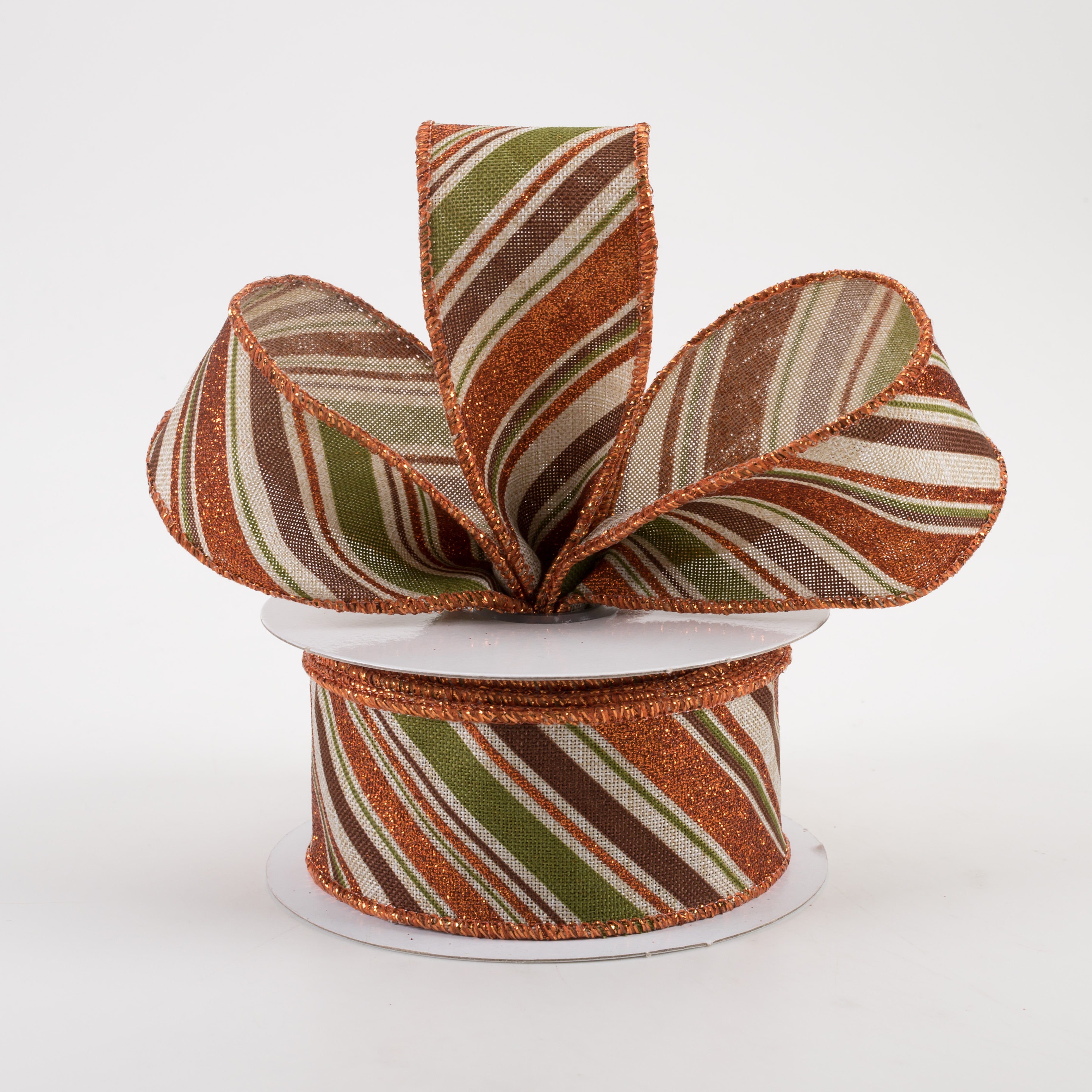 1.5" Diagonal Glitter Stripe Ribbon: Light Natural, Moss, Brown, Orange (10 Yards) Lifestyle Photo