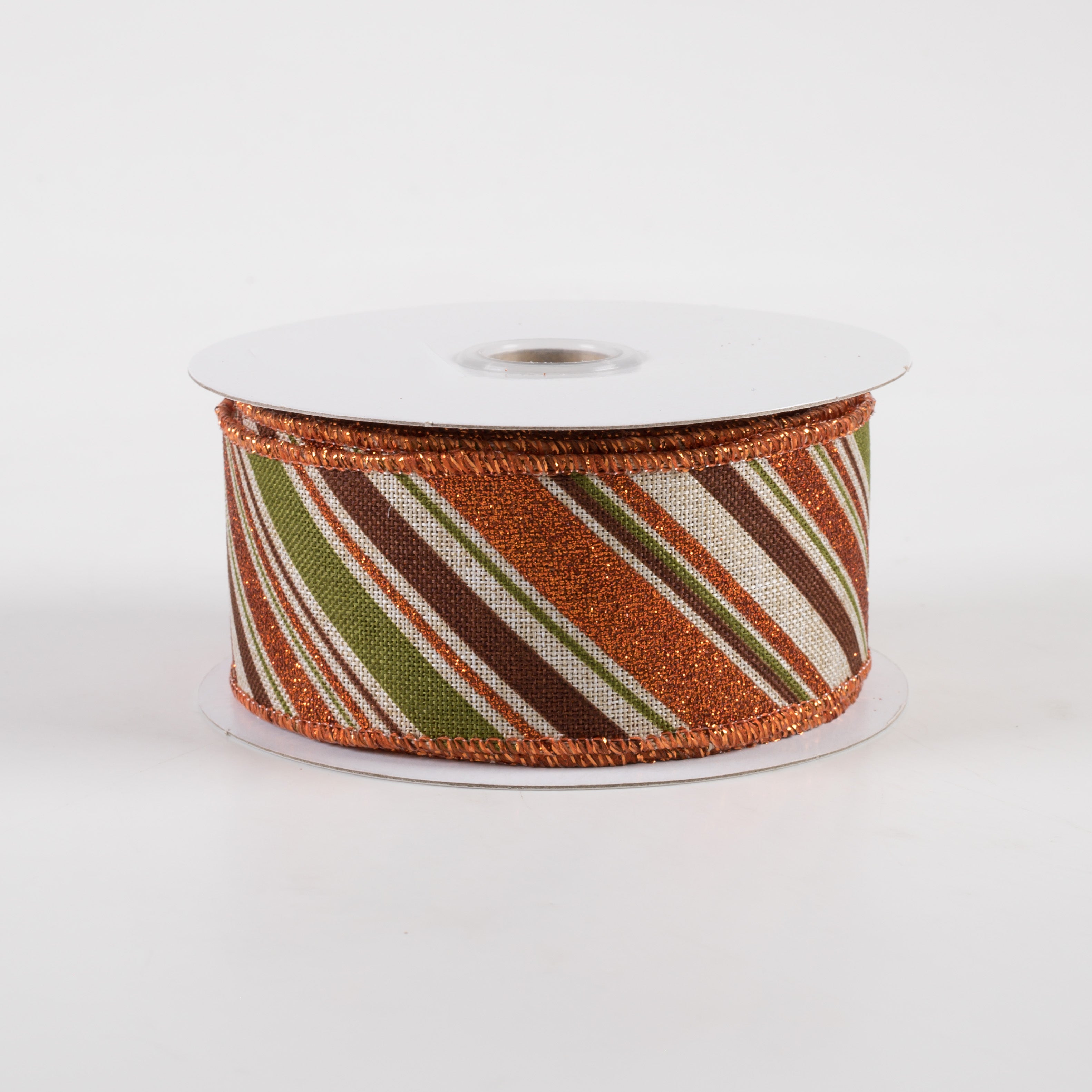 1.5" Diagonal Glitter Stripe Ribbon: Light Natural, Moss, Brown, Orange (10 Yards)