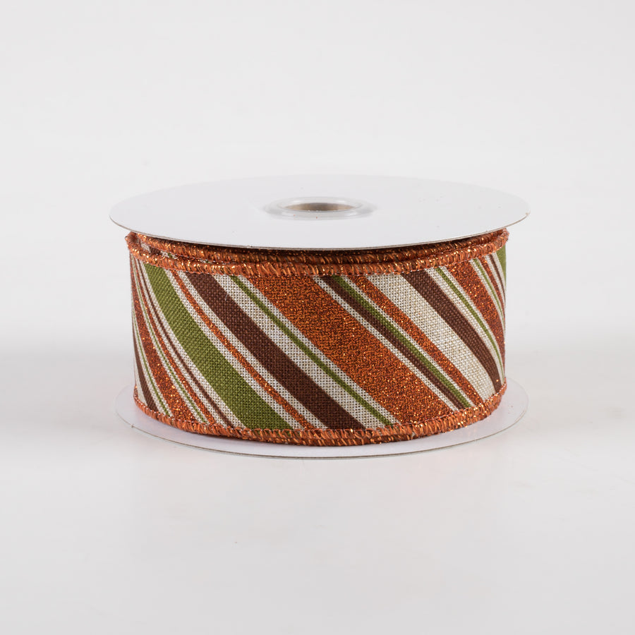 1.5" Diagonal Glitter Stripe Ribbon: Light Natural, Moss, Brown, Orange (10 Yards)