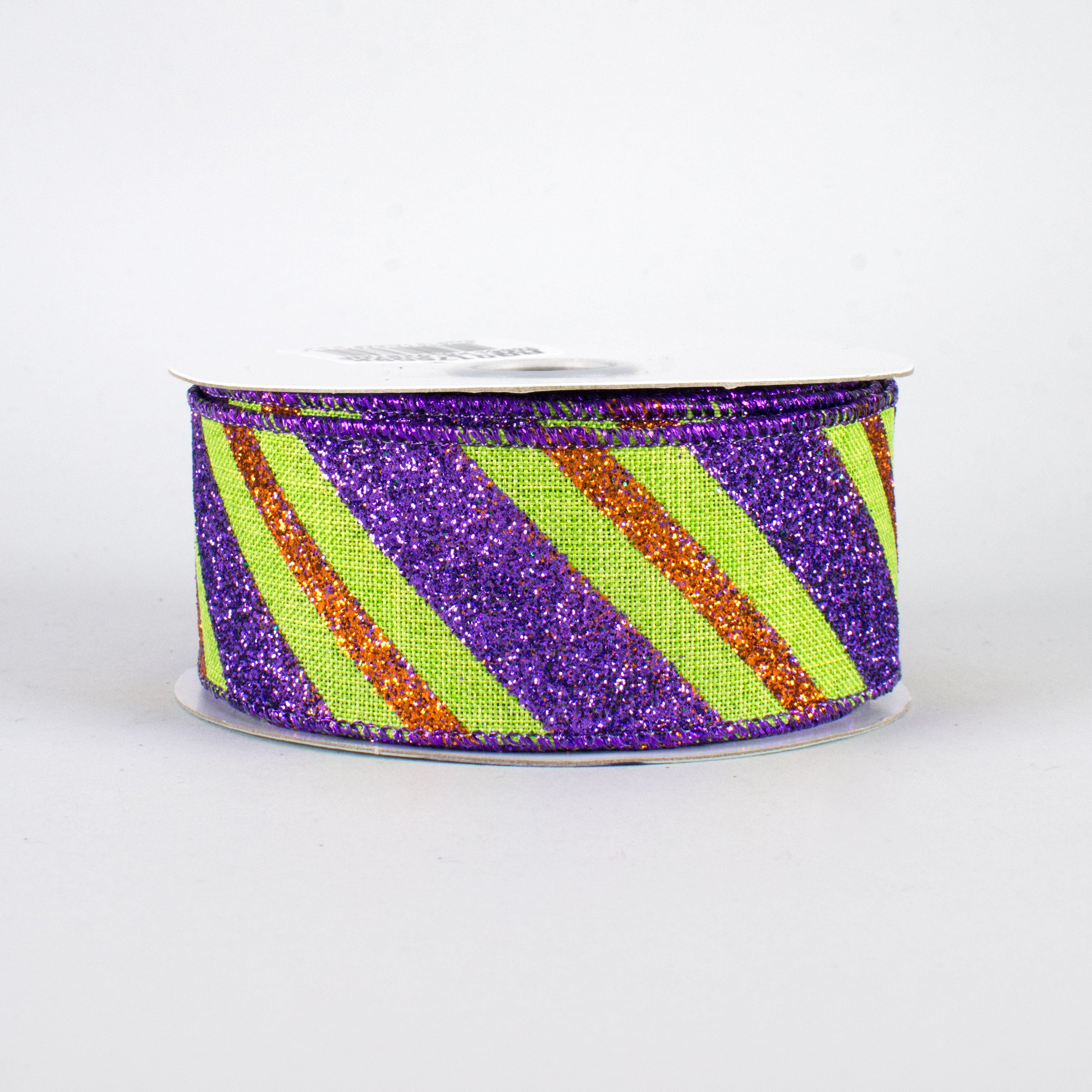 1.5" Diagonal Glitter Stripe Ribbon: Lime, Purple, Orange (10 Yards)