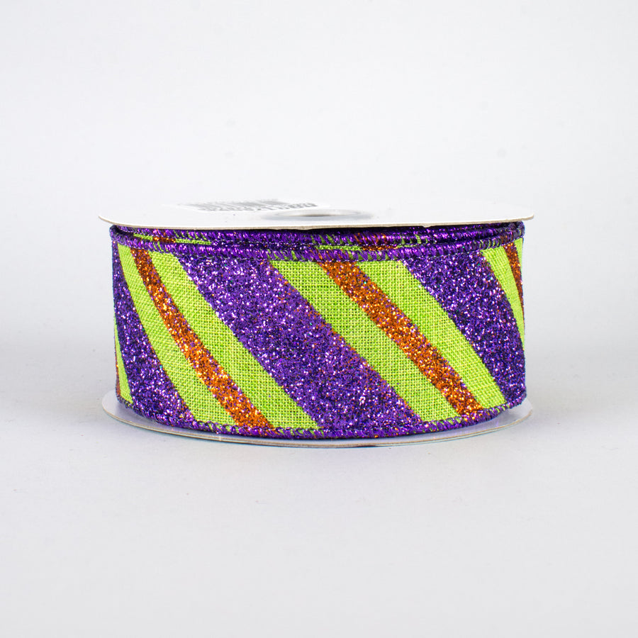 1.5" Diagonal Glitter Stripe Ribbon: Lime, Purple, Orange (10 Yards)