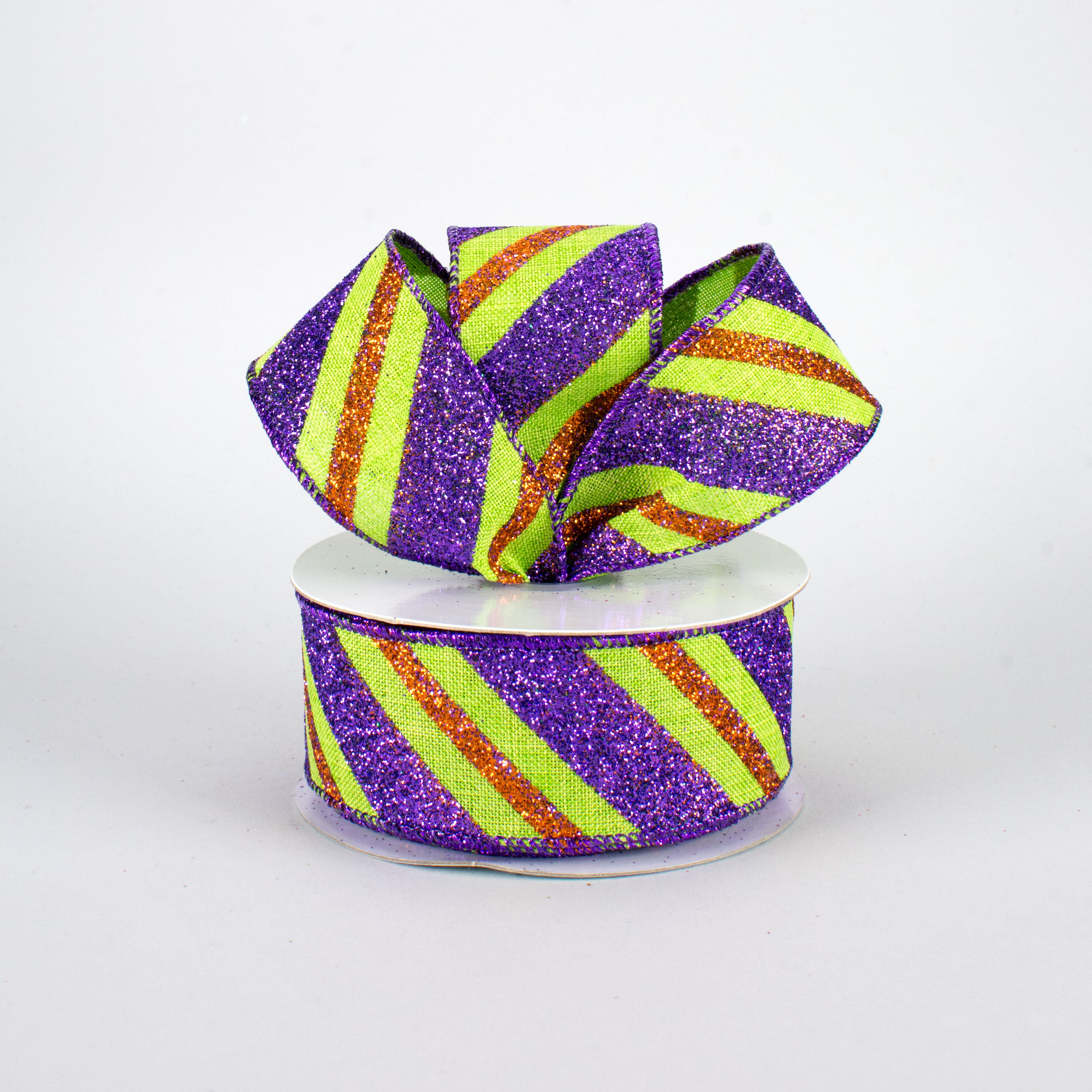1.5" Diagonal Glitter Stripe Ribbon: Lime, Purple, Orange (10 Yards) Lifestyle Photo