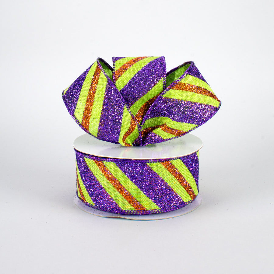 1.5" Diagonal Glitter Stripe Ribbon: Lime, Purple, Orange (10 Yards) Lifestyle Photo