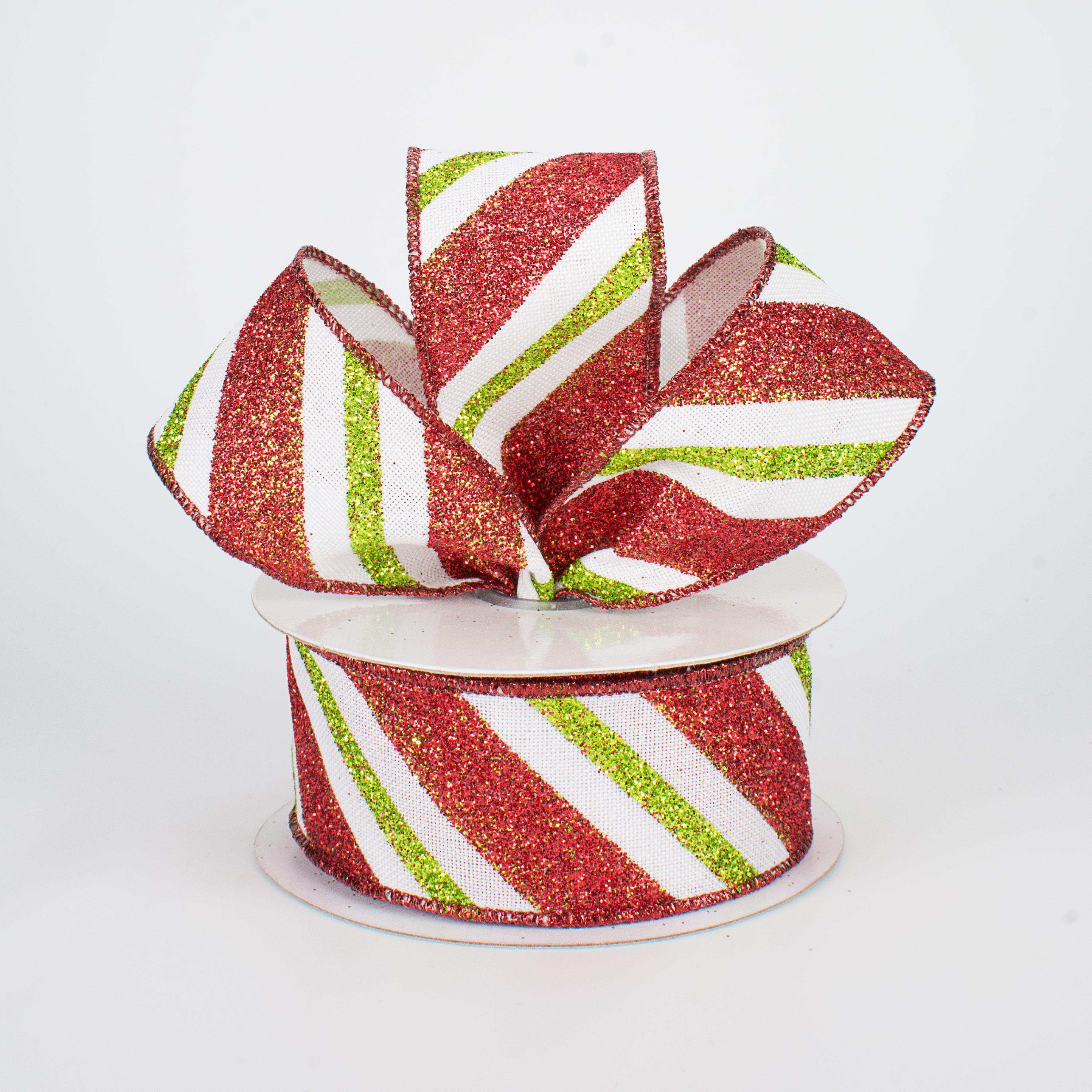 1.5" Diagonal Glitter Stripe Ribbon: Lime & Red (10 Yards) Lifestyle Photo