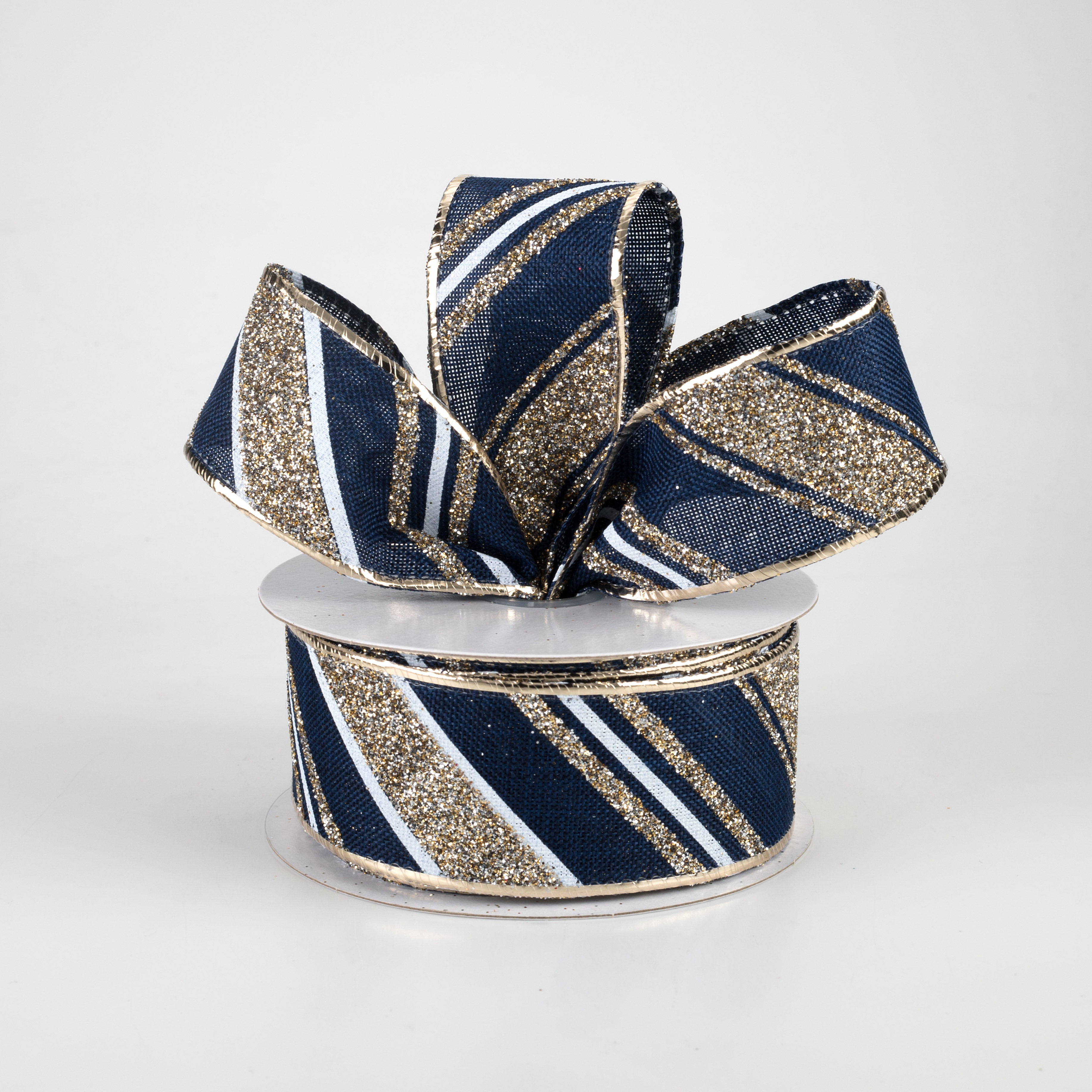1.5" Diagonal Glitter Stripe Ribbon: Navy, Champagne Gold, White (10 Yards) Lifestyle Photo