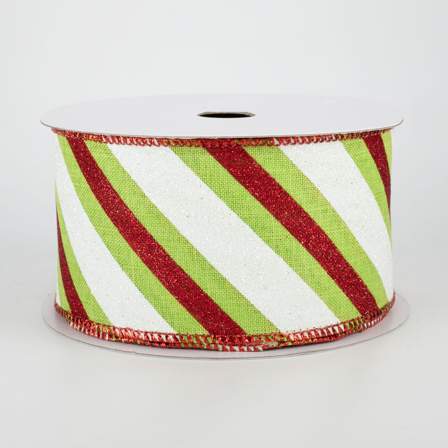 2.5" Diagonal Glitter Stripe Ribbon: Red & Lime (10 Yards)