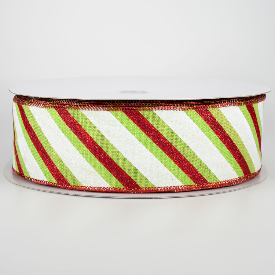 2.5" Diagonal Glitter Stripe Ribbon: Red & Lime (50 Yards)