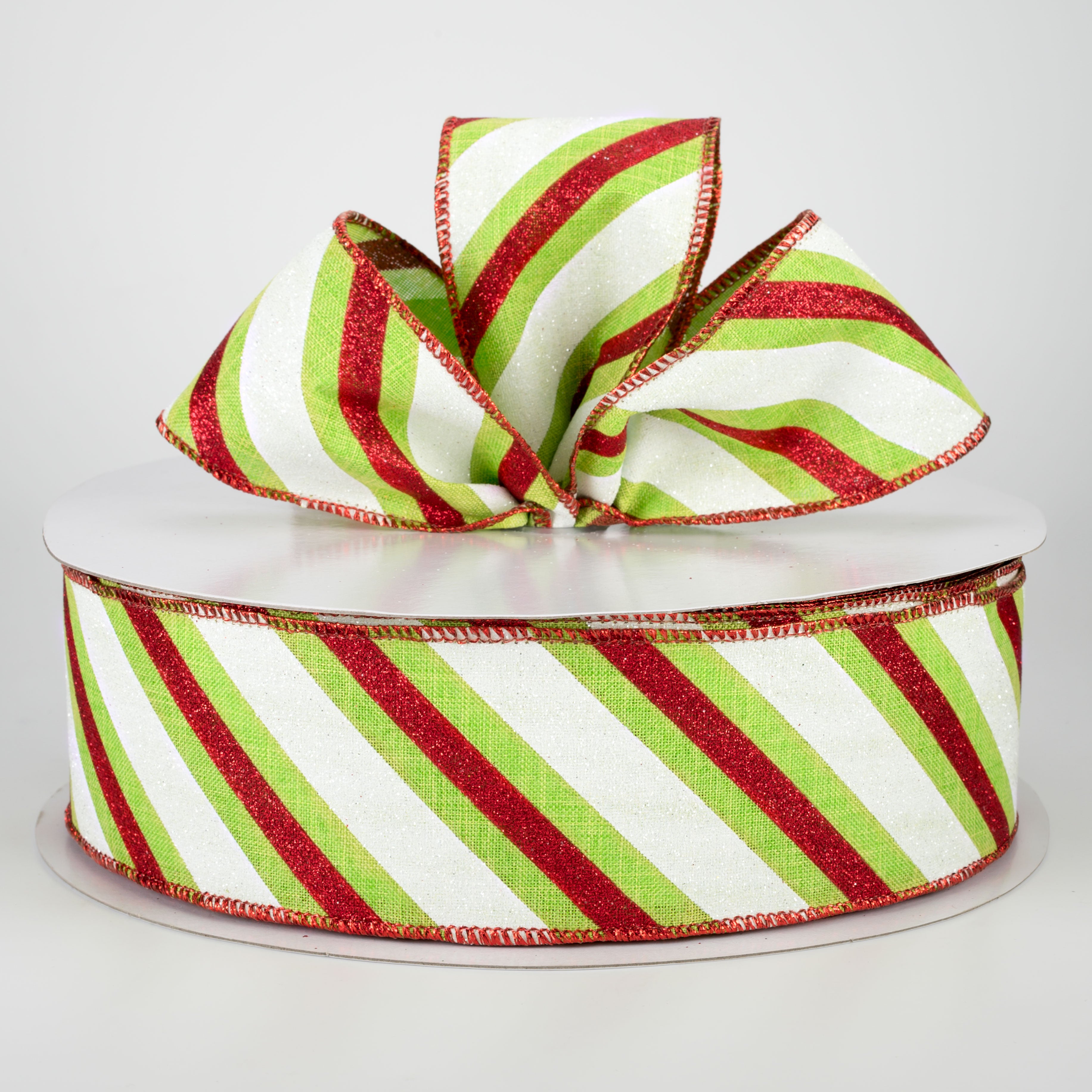 2.5" Diagonal Glitter Stripe Ribbon: Red & Lime (50 Yards) Lifestyle Photo