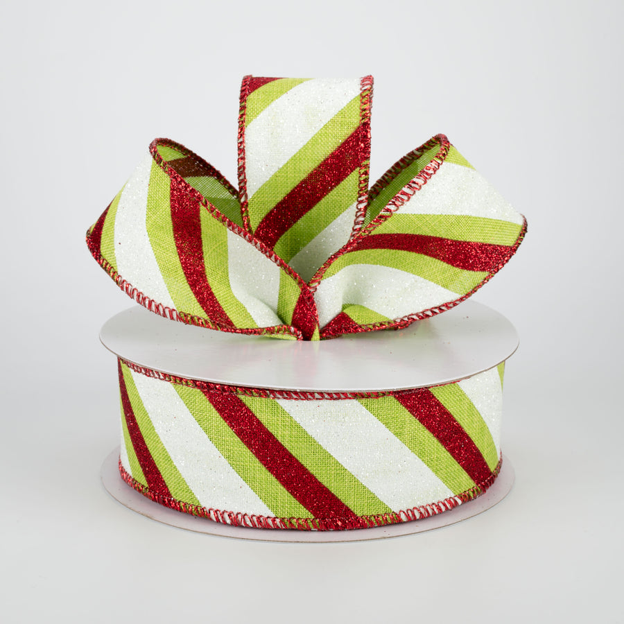 1.5" Diagonal Glitter Stripe Ribbon: Red & Lime (10 Yards) Lifestyle Photo