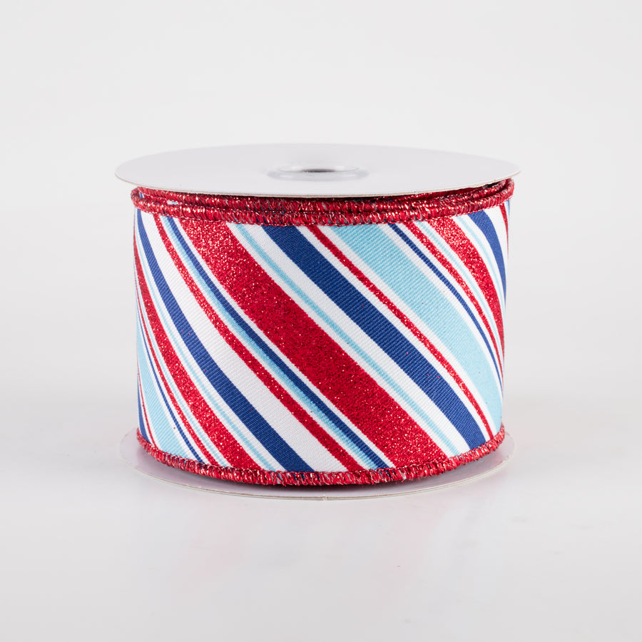 2.5" Diagonal Glitter Stripes Ribbon: Light Blue Patriotic (10 Yards)