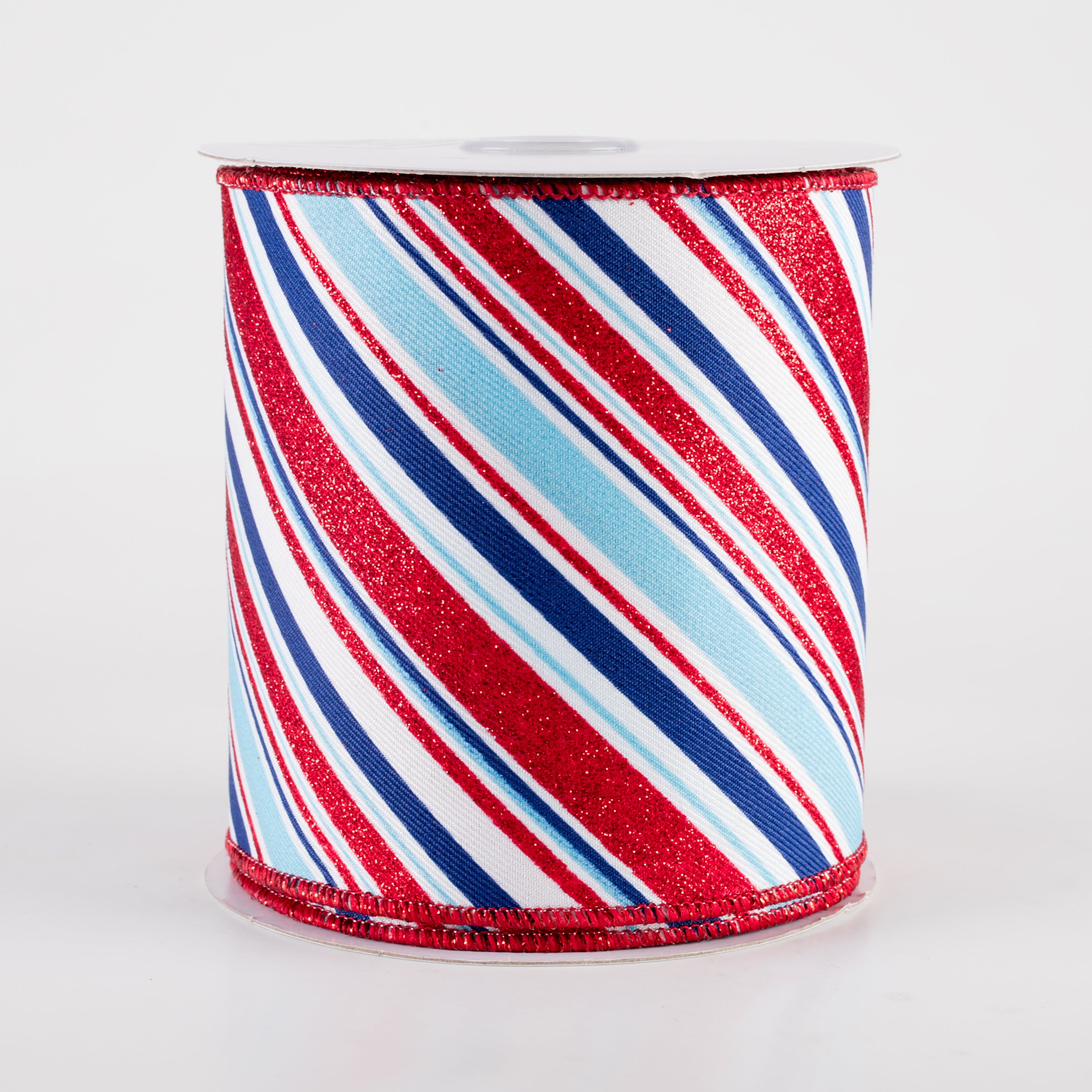 4" Diagonal Glitter Stripes Ribbon: Light Blue Patriotic (10 Yards)