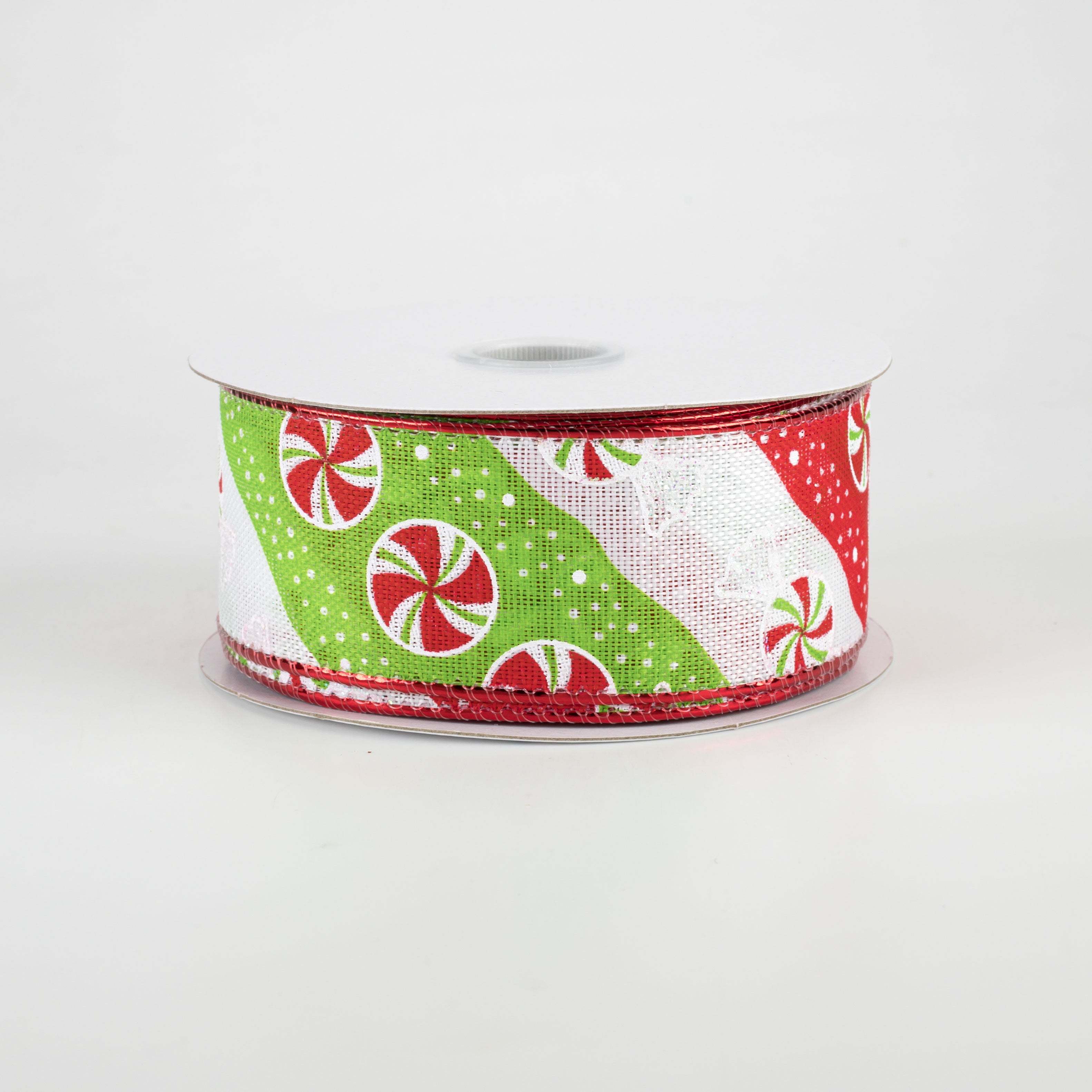 1.5" Diagonal Peppermint Stripes Ribbon: Red, Lime, White (10 Yards) Item Number: 71002-09-09
