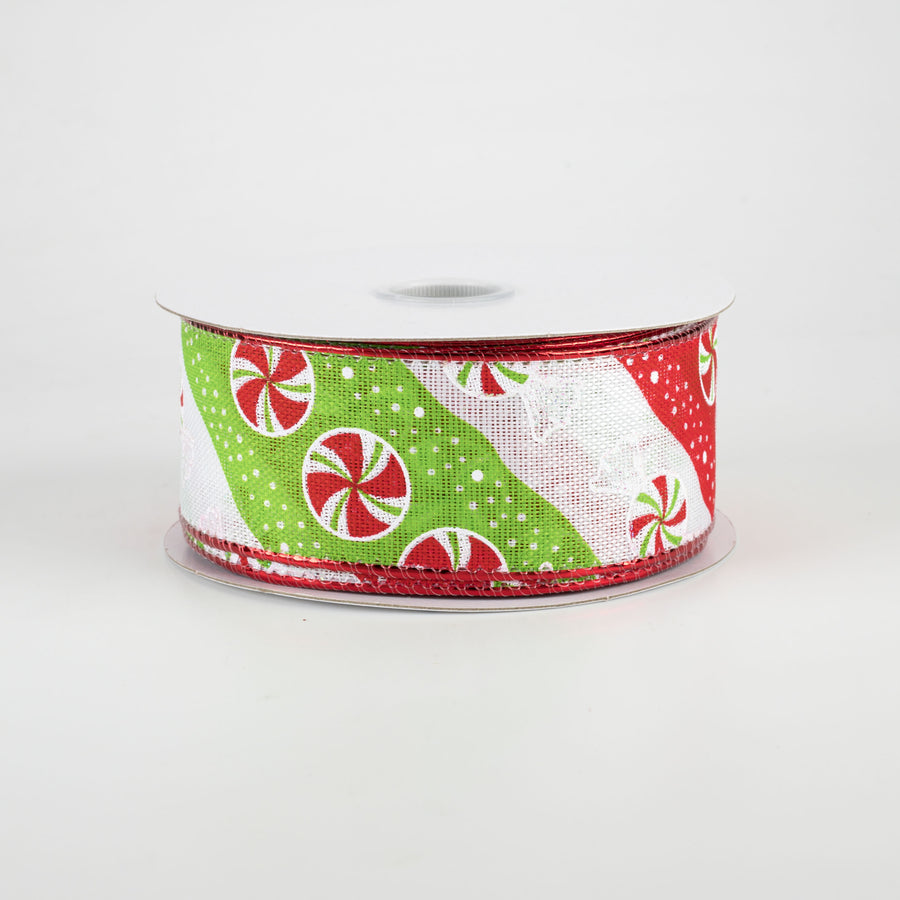 1.5" Diagonal Peppermint Stripes Ribbon: Red, Lime, White (10 Yards) Item Number: 71002-09-09