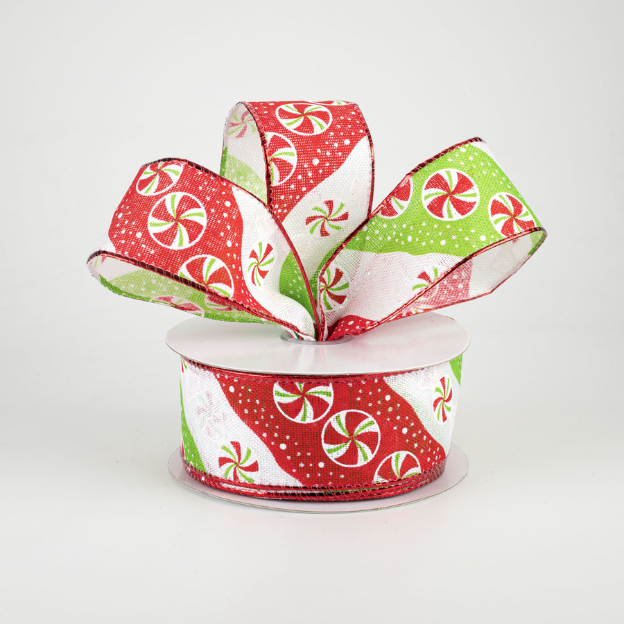 1.5" Diagonal Peppermint Stripes Ribbon: Red, Lime, White (10 Yards) Lifestyle Photo