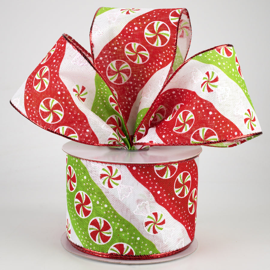 2.5" Diagonal Peppermint Stripes Ribbon: Red, Lime, White (10 Yards) Lifestyle Photo