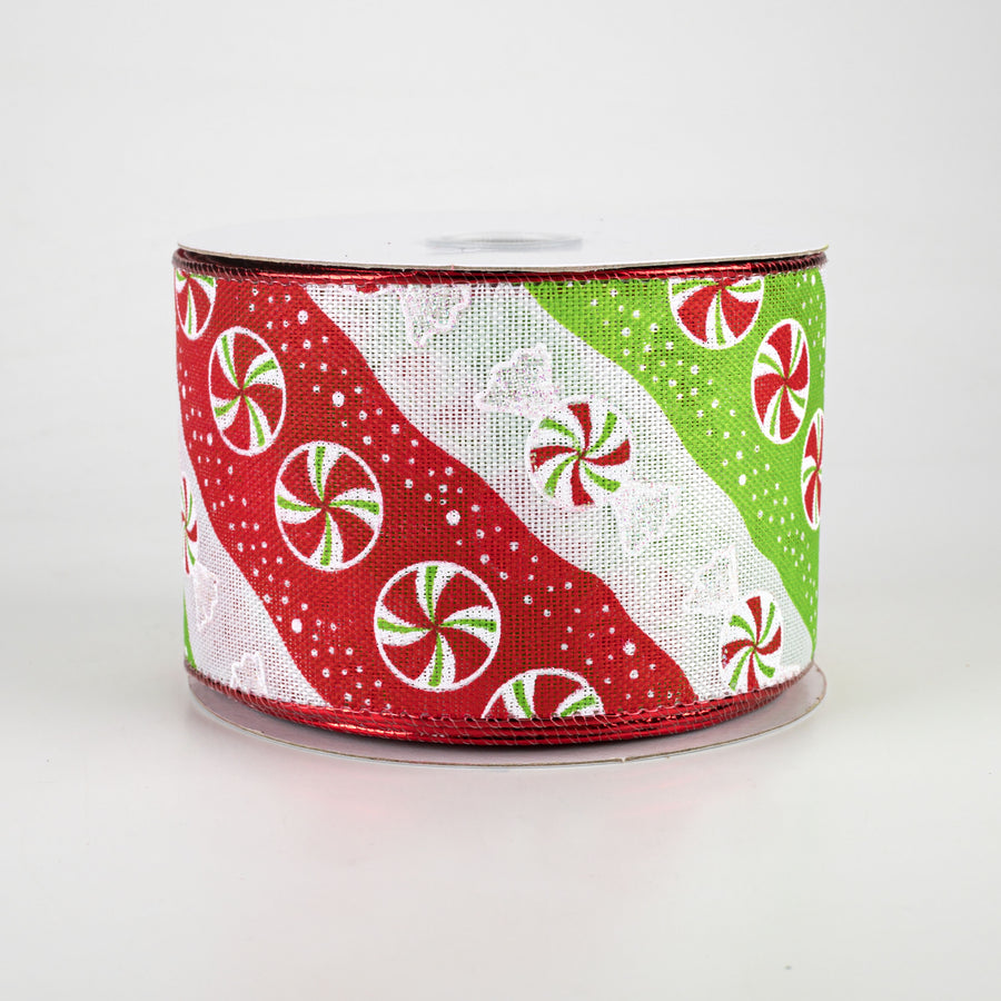 2.5" Diagonal Peppermint Stripes Ribbon: Red, Lime, White (10 Yards)