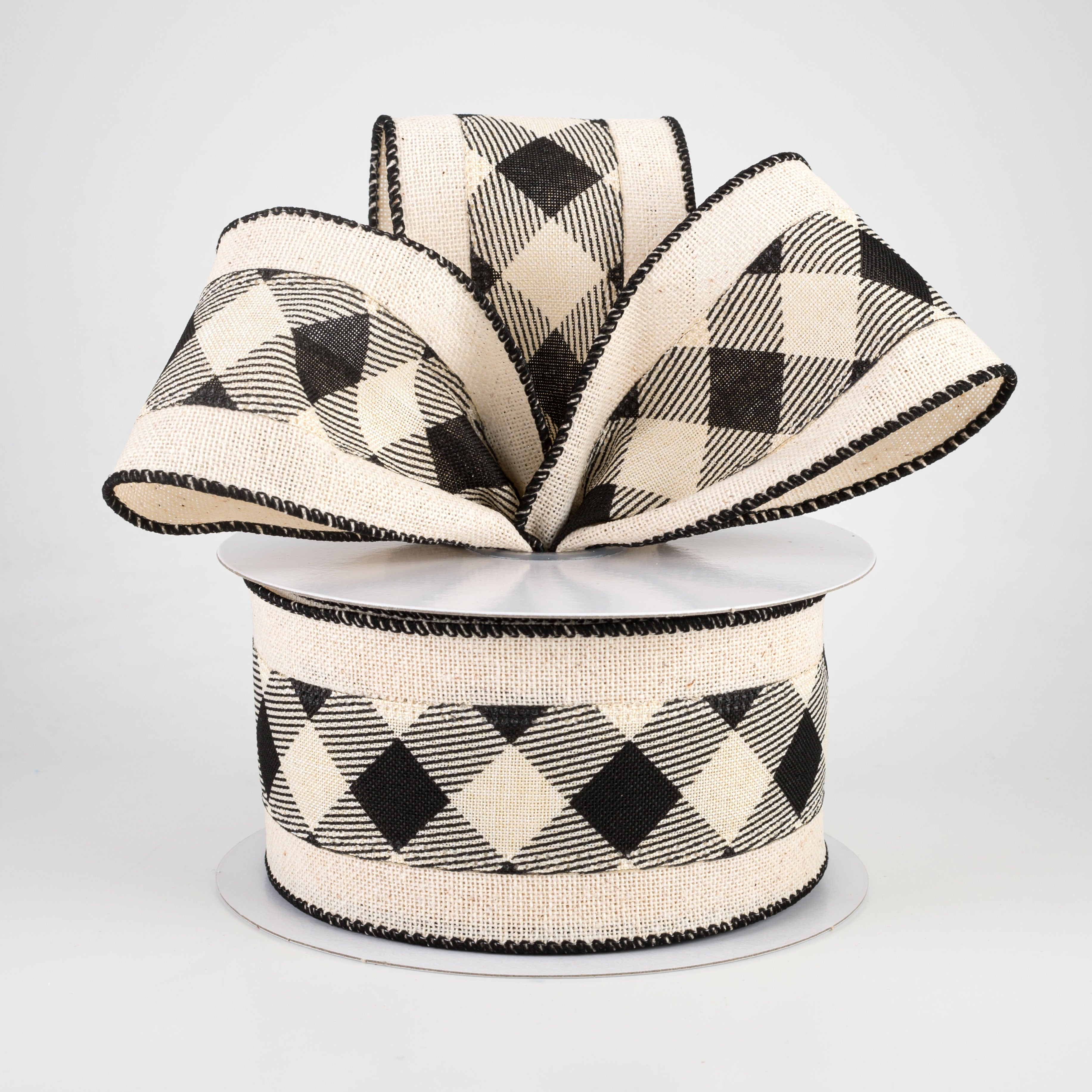 2.5" Diagonal Plaid Center Ribbon: Black & Ivory (10 Yards) Lifestyle Photo