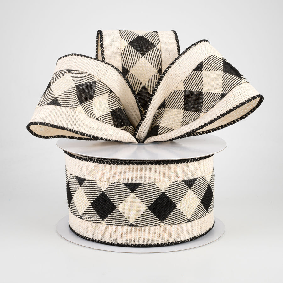 2.5" Diagonal Plaid Center Ribbon: Black & Ivory (10 Yards) Lifestyle Photo