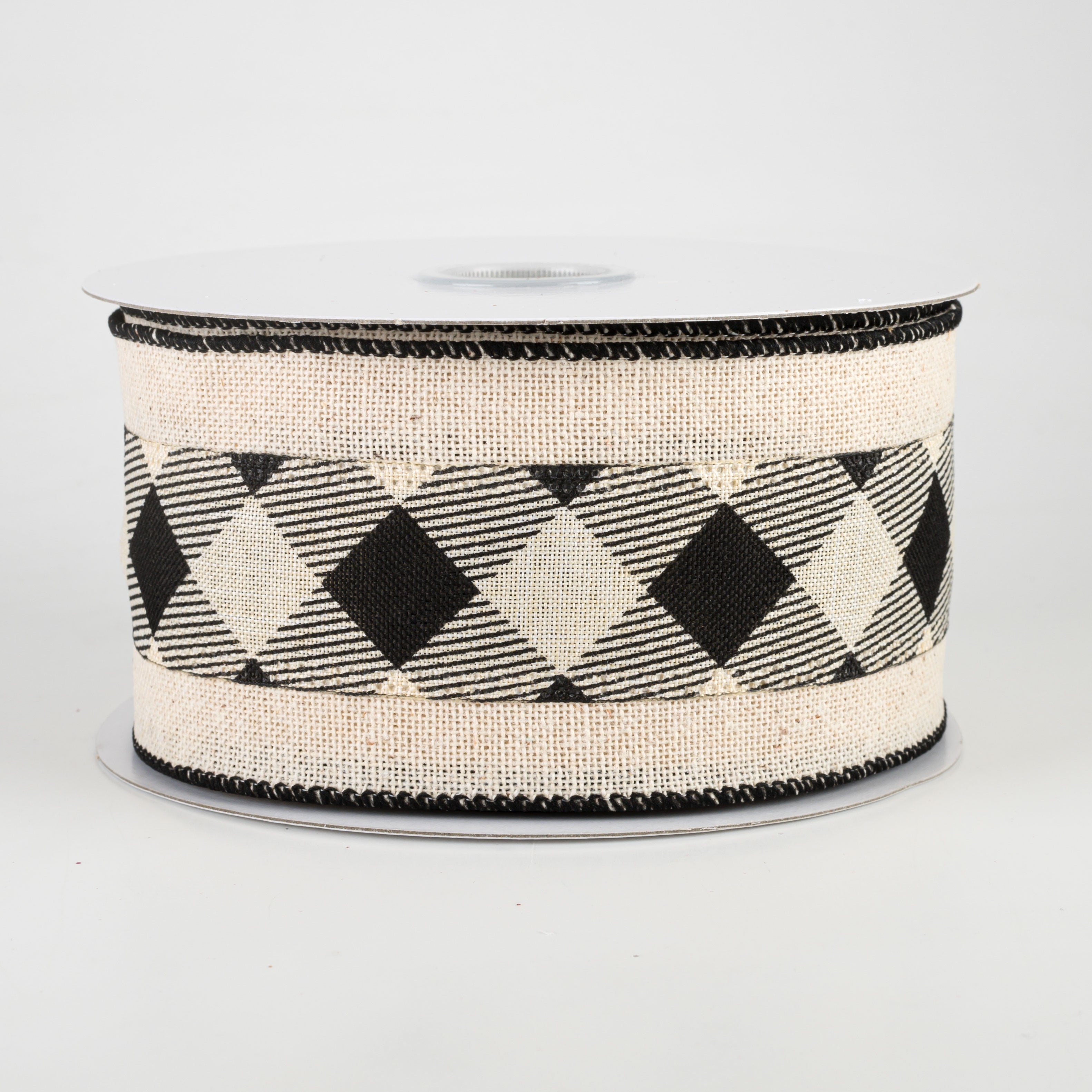 2.5" Diagonal Plaid Center Ribbon: Black & Ivory (10 Yards) Item Number: 75020-40-21
