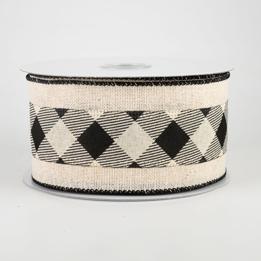 2.5" Diagonal Plaid Center Ribbon: Black & Ivory (10 Yards) Item Number: 75020-40-21