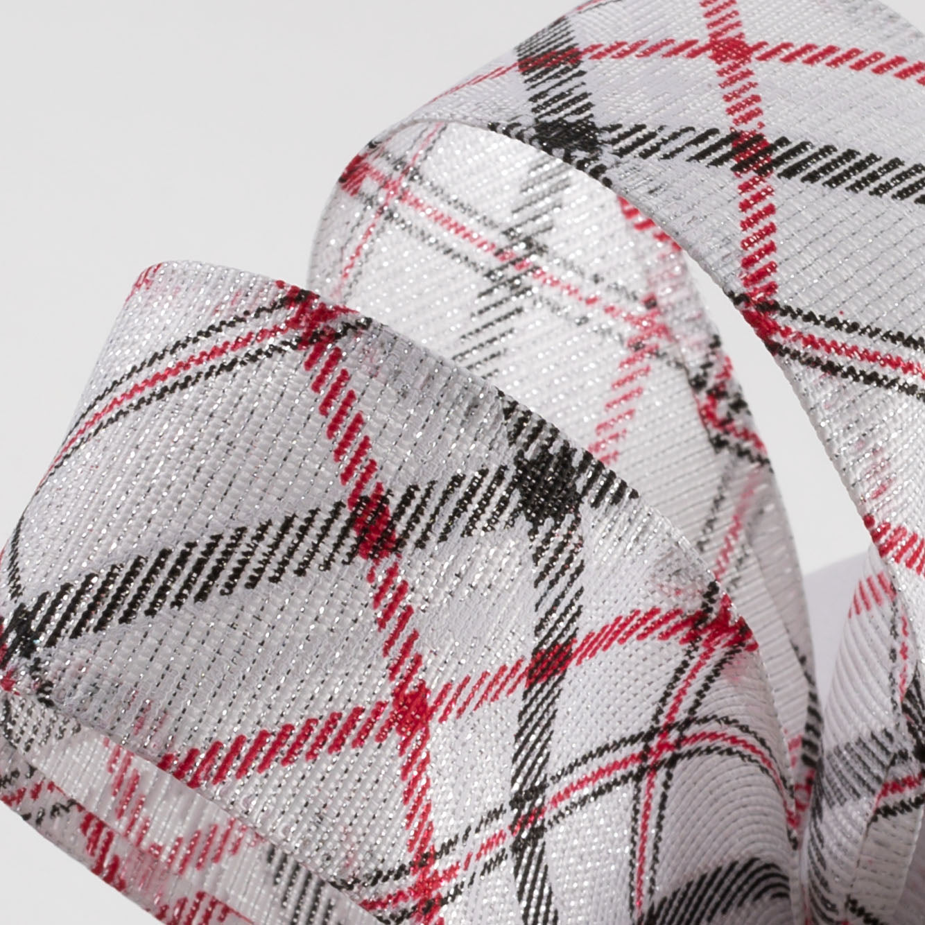 1.5" Diagonal Plaid Ribbon: White, Silver, Black, Red (10 Yards) detail photo 3