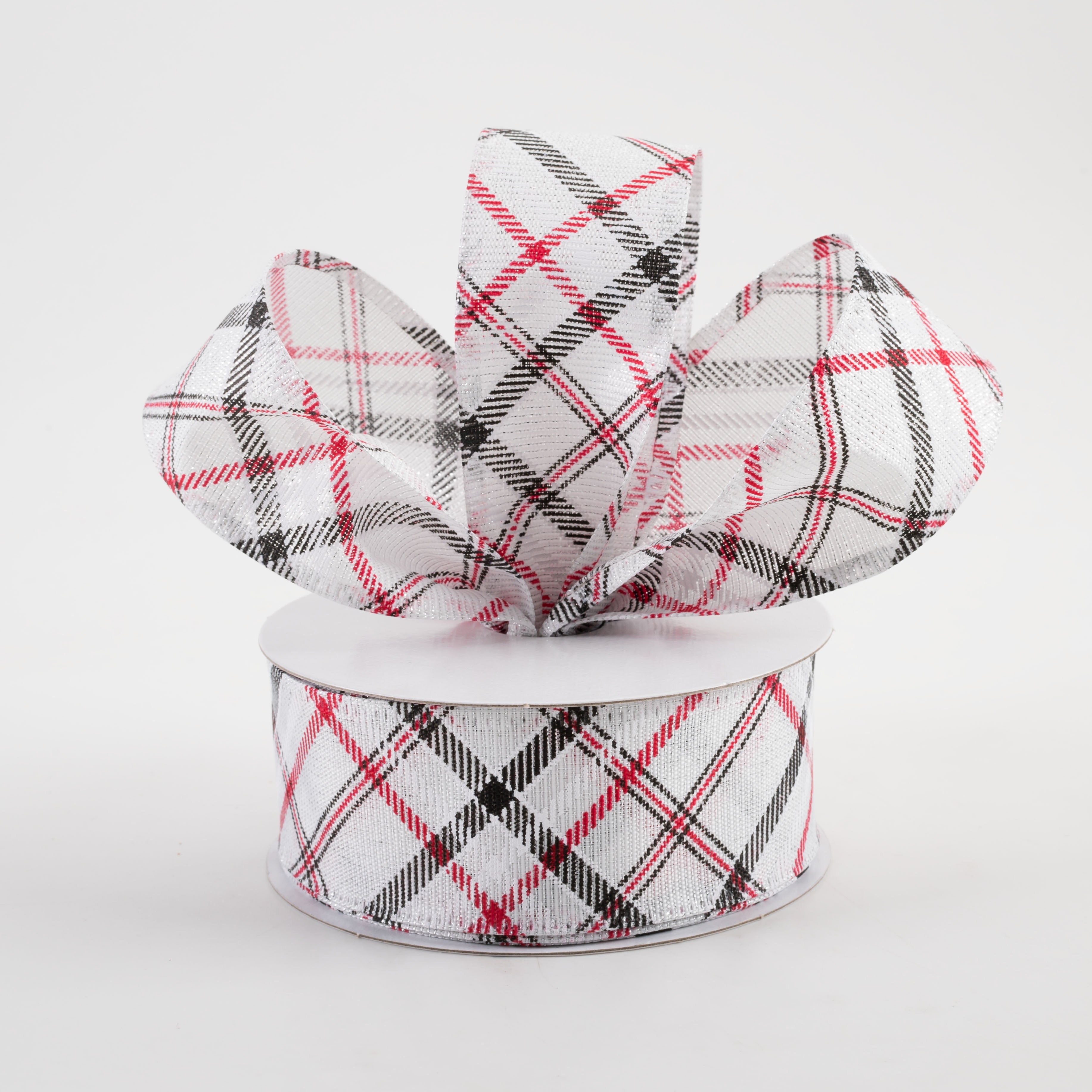 1.5" Diagonal Plaid Ribbon: White, Silver, Black, Red (10 Yards) Lifestyle Photo