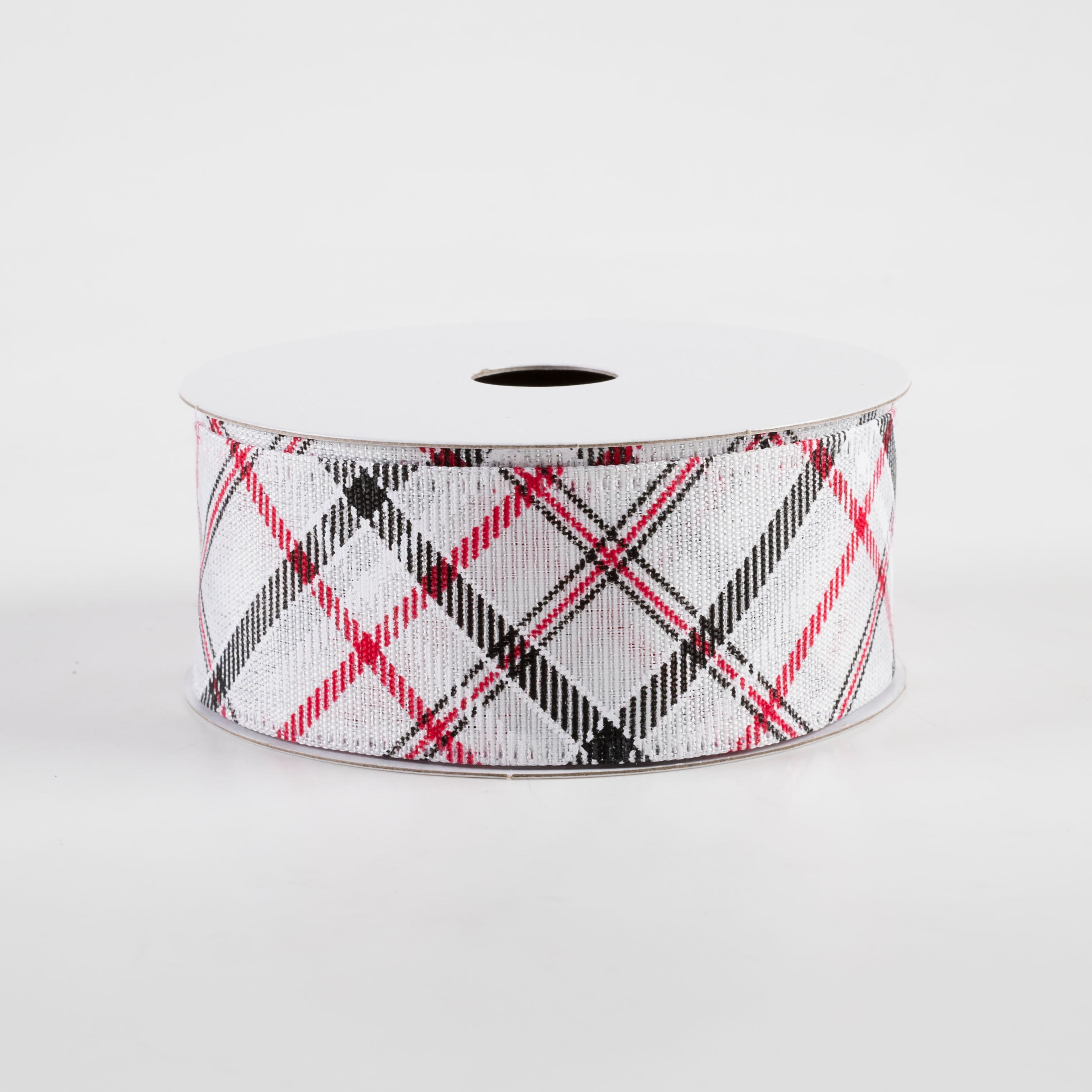 1.5" Diagonal Plaid Ribbon: White, Silver, Black, Red (10 Yards)