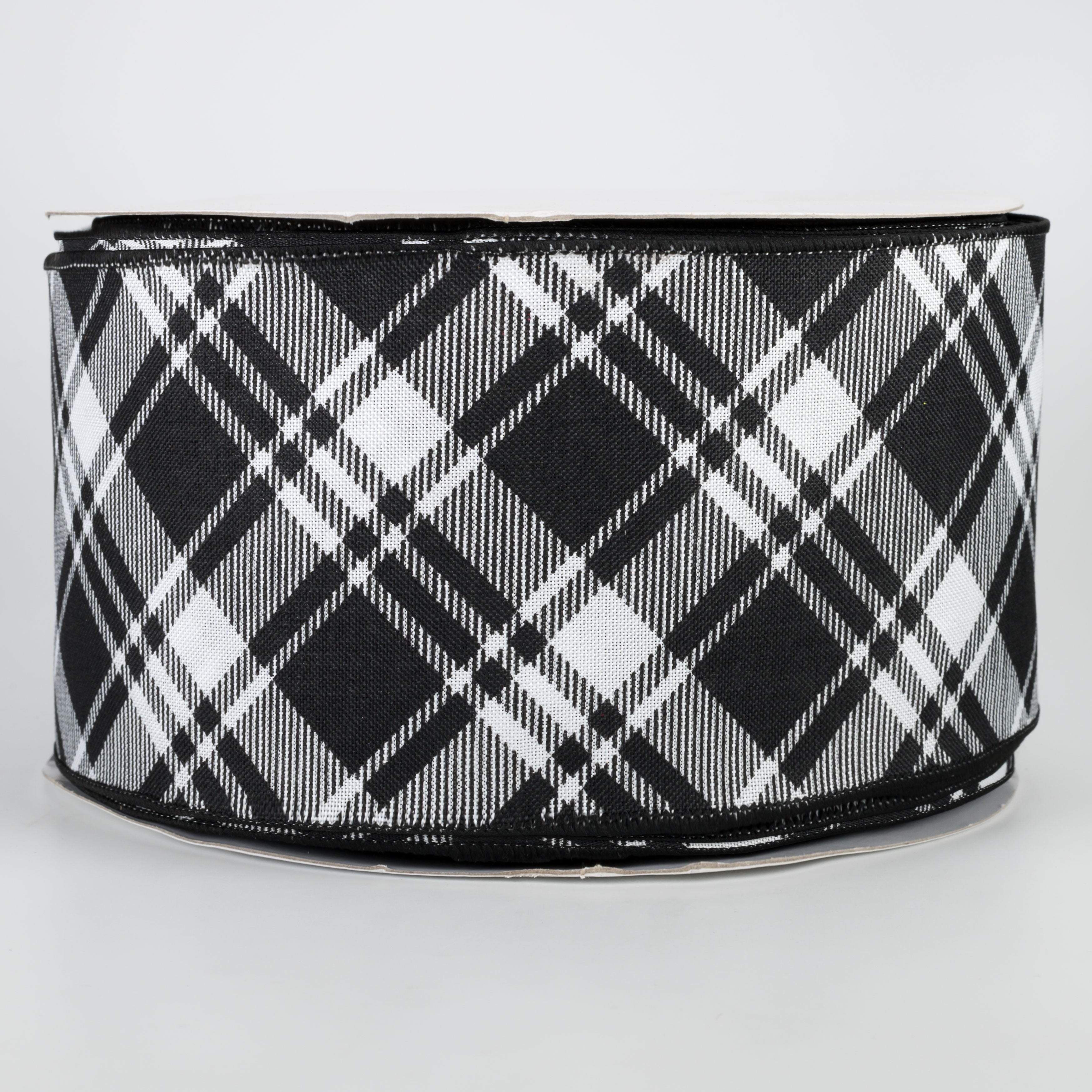 4" Diagonal Stripe Check Ribbon: White & Black (50 Yards)
