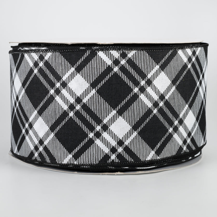 4" Diagonal Stripe Check Ribbon: White & Black (50 Yards)