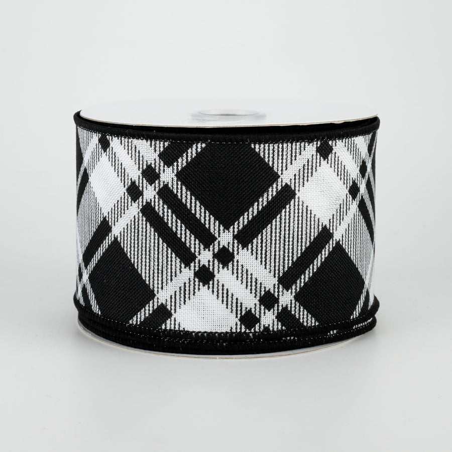 2.5" Diagonal Stripe Check Ribbon: White & Black (10 Yards)