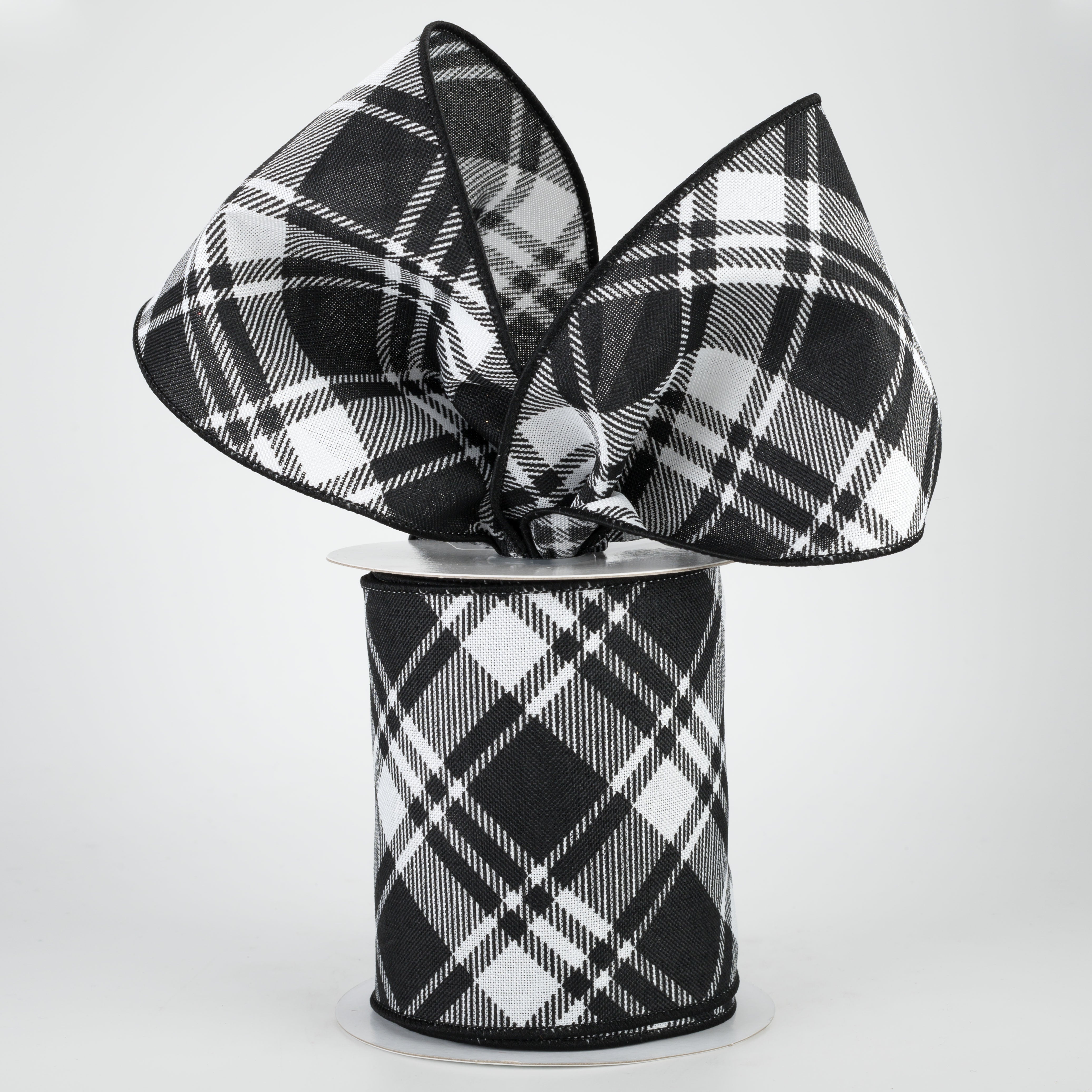4" Diagonal Stripe Check Ribbon: White & Black (10 Yards) Lifestyle Photo