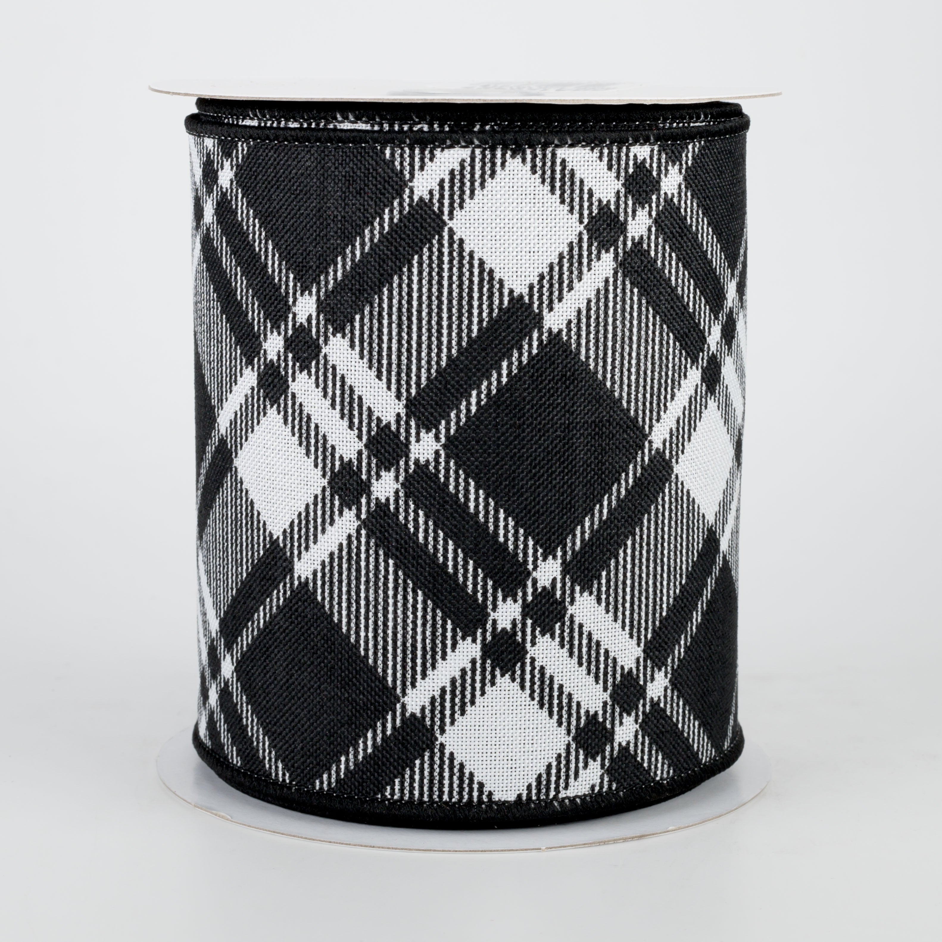 4" Diagonal Stripe Check Ribbon: White & Black (10 Yards)