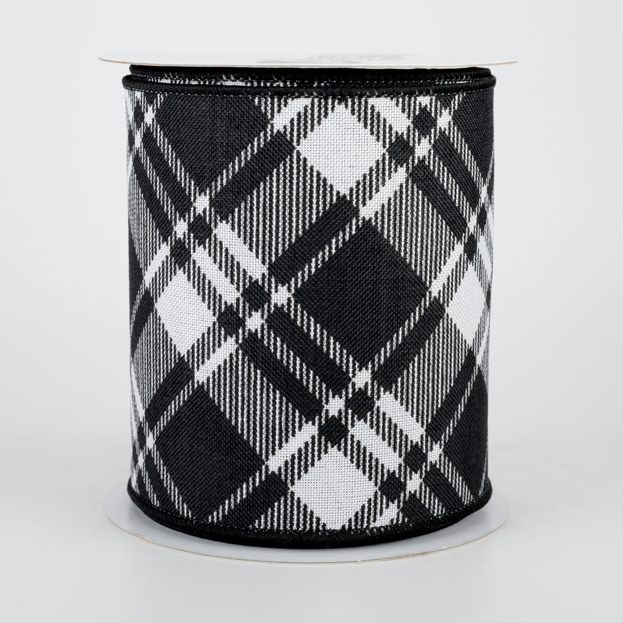 4" Diagonal Stripe Check Ribbon: White & Black (10 Yards)