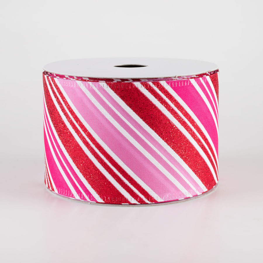2.5" Diagonal Stripe Glitter Satin Ribbon: Red, Fuchsia, Pink (10 Yards) Item Number: 15402-40-12