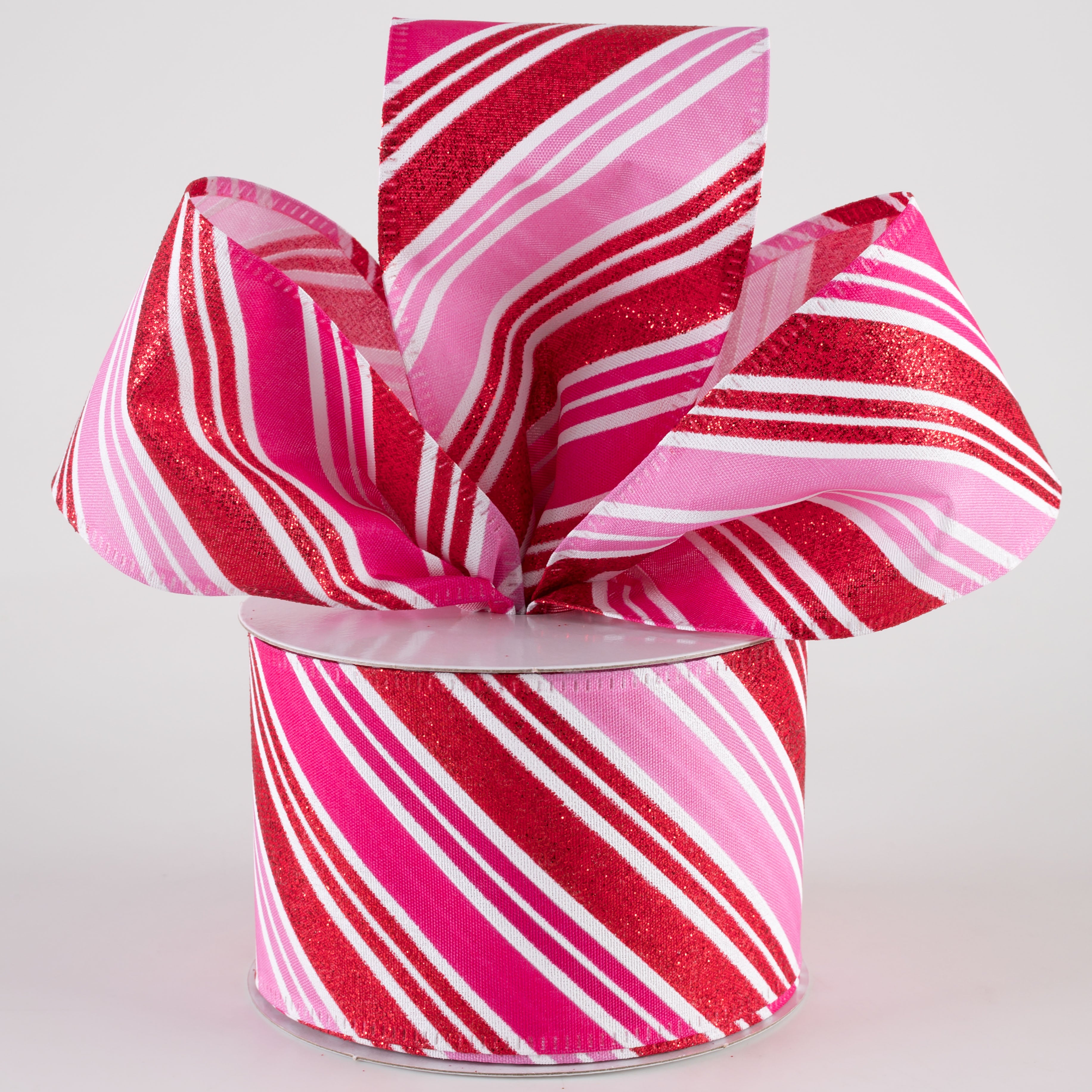 2.5" Diagonal Stripe Glitter Satin Ribbon: Red, Fuchsia, Pink (10 Yards) Lifestyle Photo