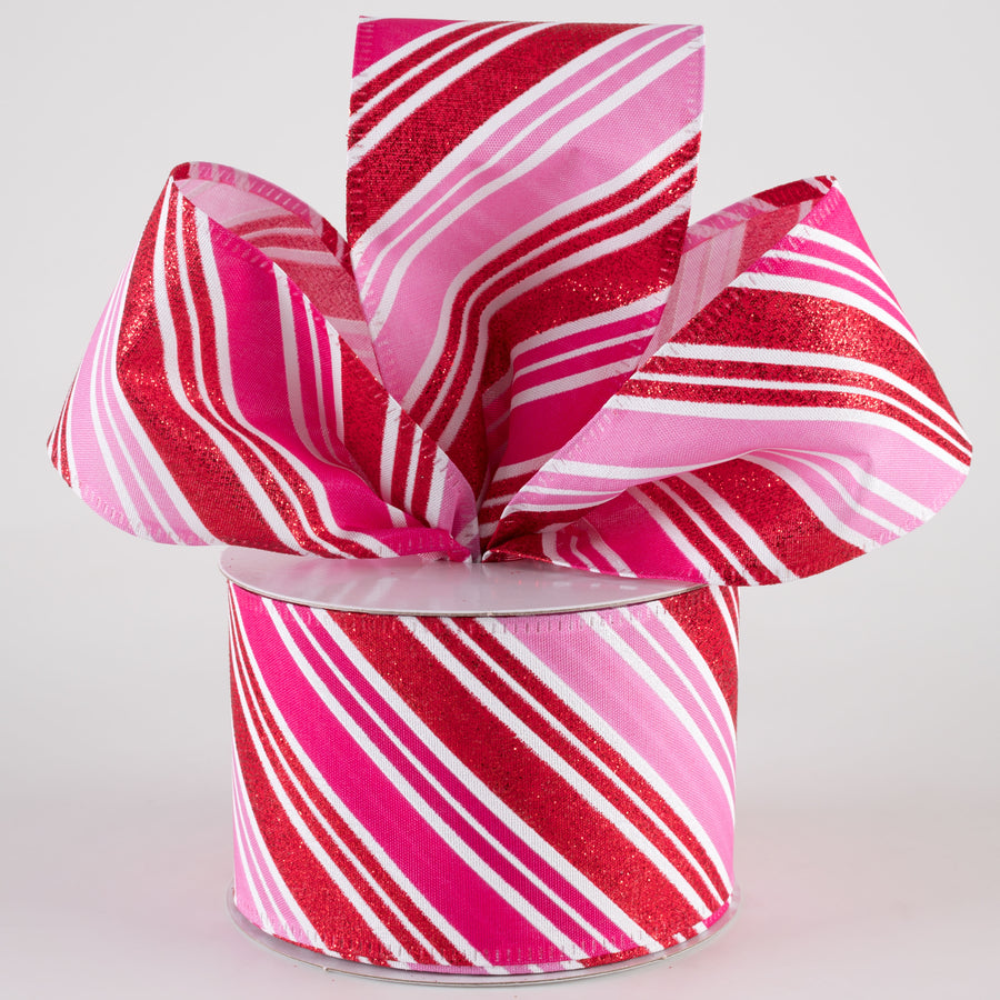 2.5" Diagonal Stripe Glitter Satin Ribbon: Red, Fuchsia, Pink (10 Yards) Lifestyle Photo