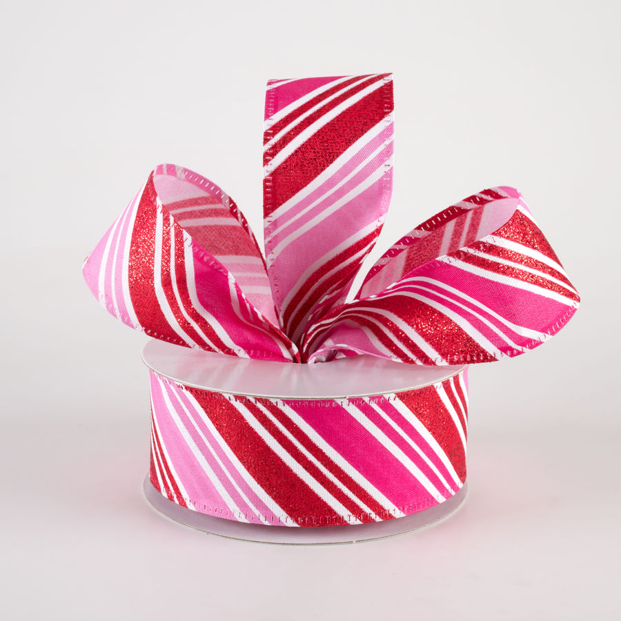 1.5" Diagonal Stripe Glitter Satin Ribbon: Red, Fuchsia, Pink (10 Yards) Lifestyle Photo