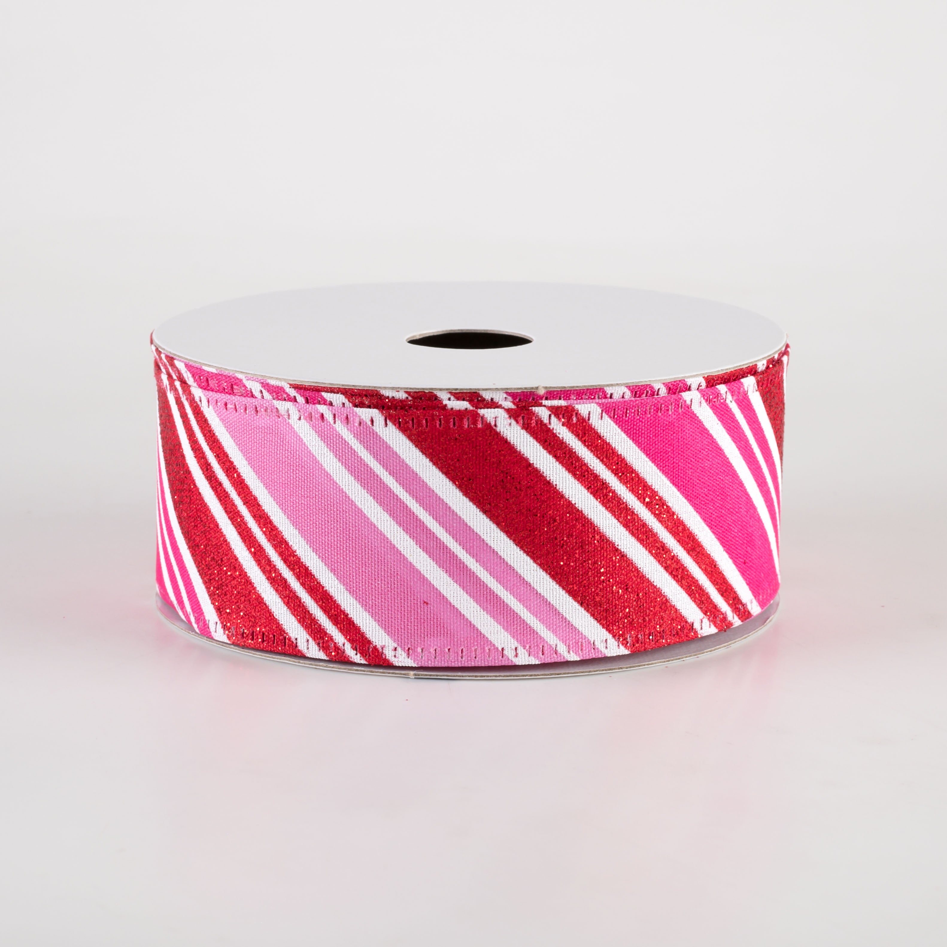 1.5" Diagonal Stripe Glitter Satin Ribbon: Red, Fuchsia, Pink (10 Yards)
