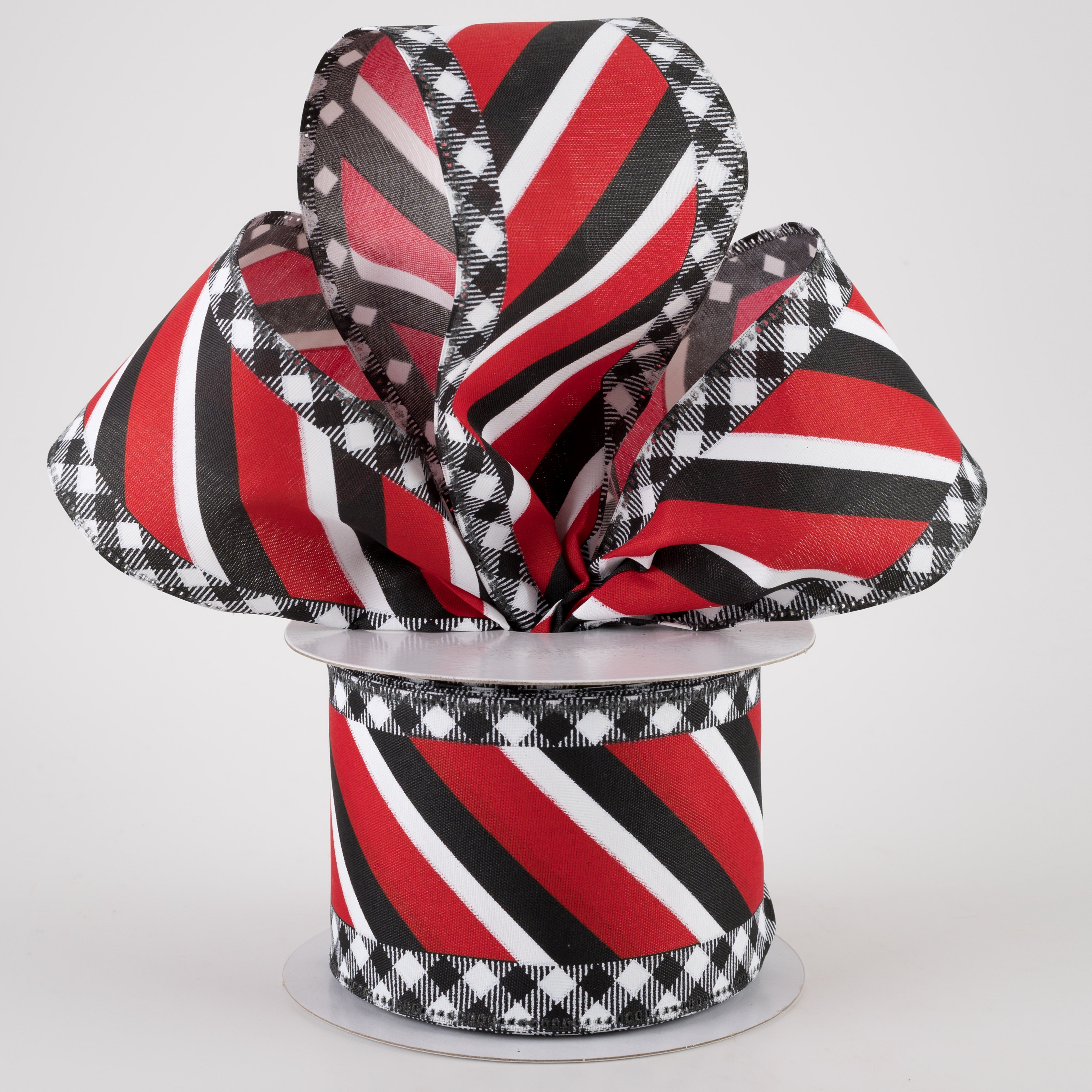 2.5" Diagonal Stripe Ribbon with Check Edge: Black, Red, White (10 Yards) Lifestyle Photo