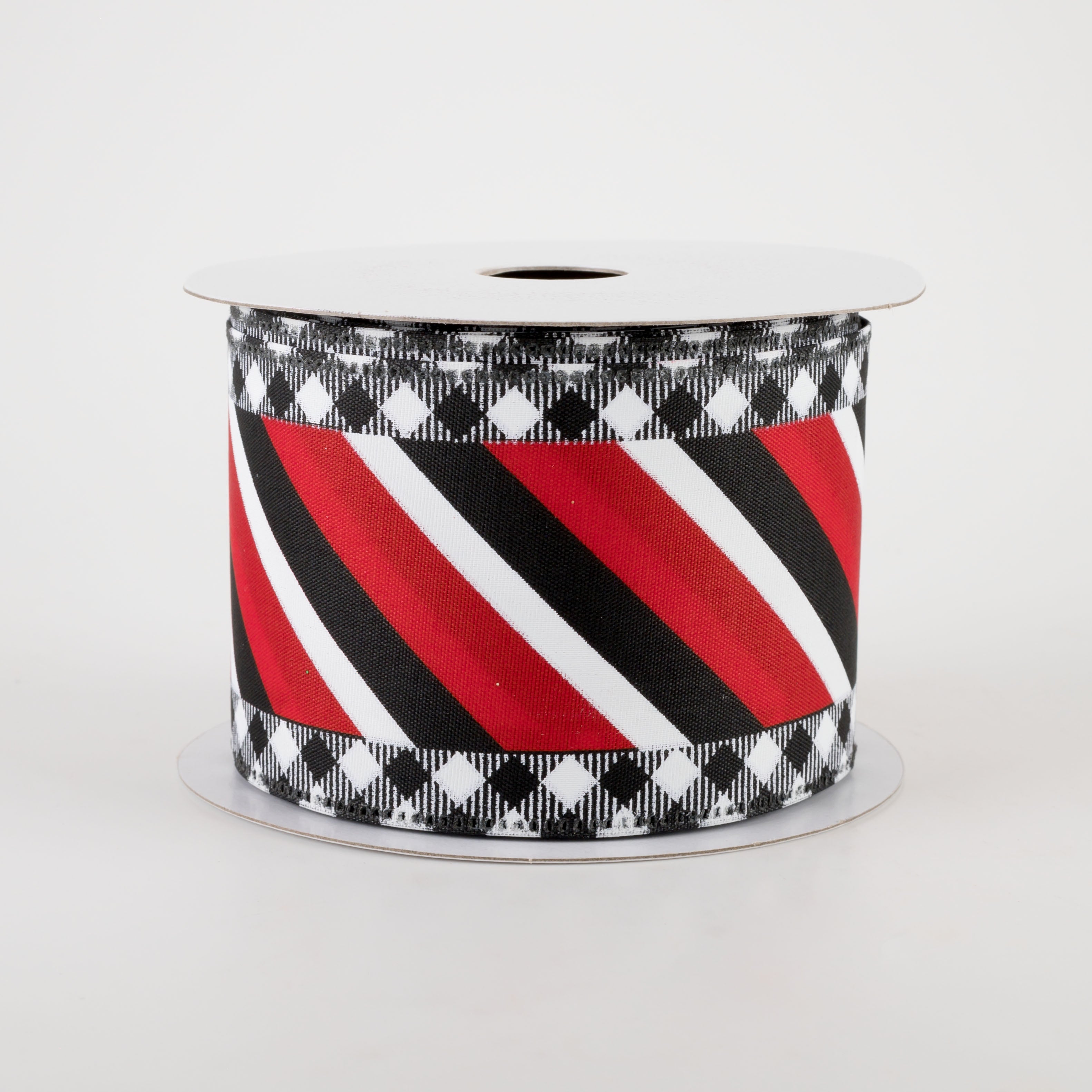 2.5" Diagonal Stripe Ribbon with Check Edge: Black, Red, White (10 Yards)