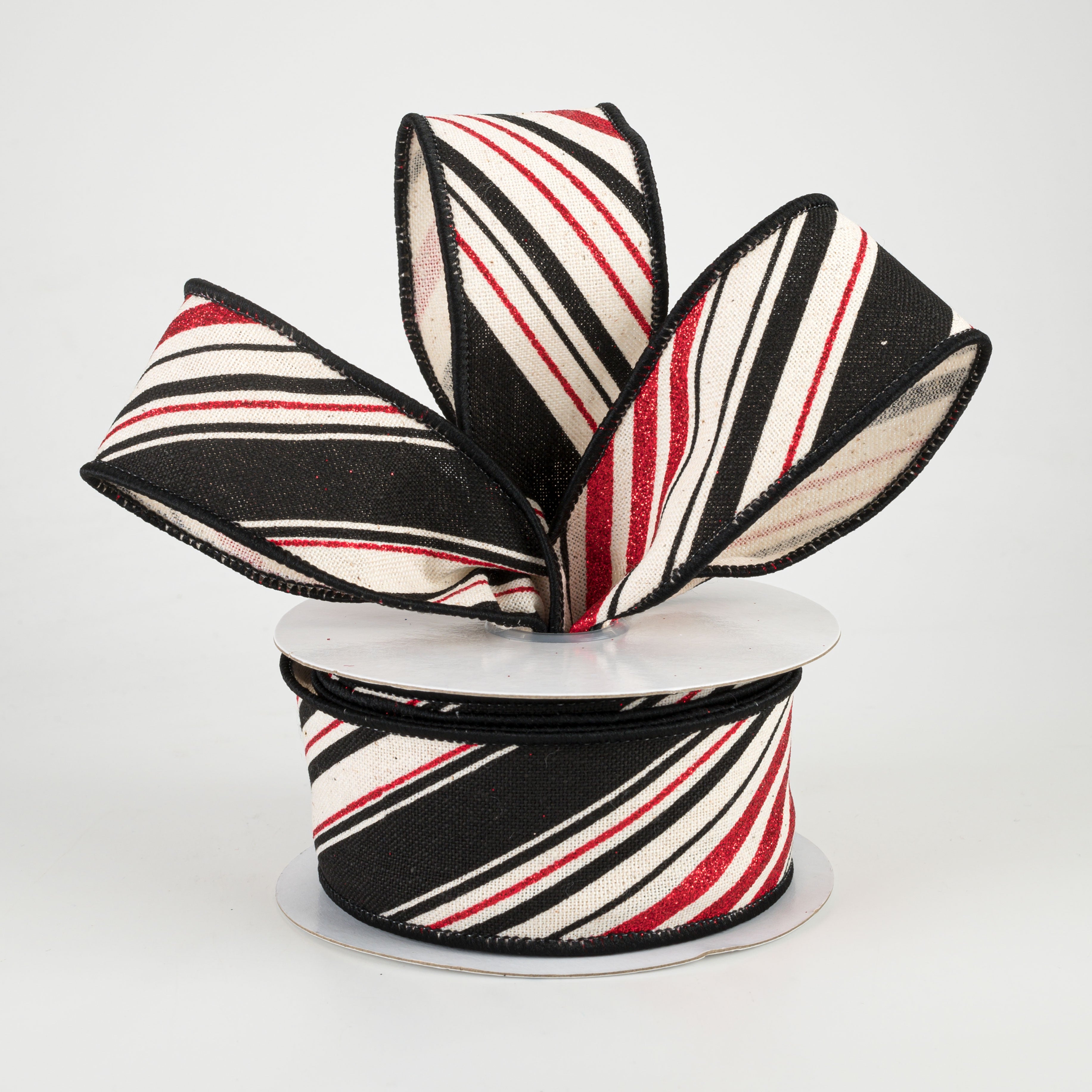 1.5" Diagonal Stripe Ribbon: Ivory, Black, Red (10 Yards) Lifestyle Photo