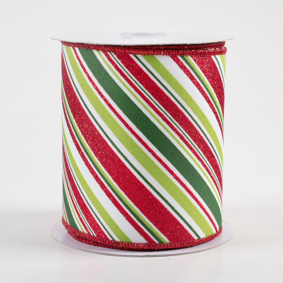 4" Diagonal Stripe Ribbon: White, Emerald, Lime, Red (10 Yards)