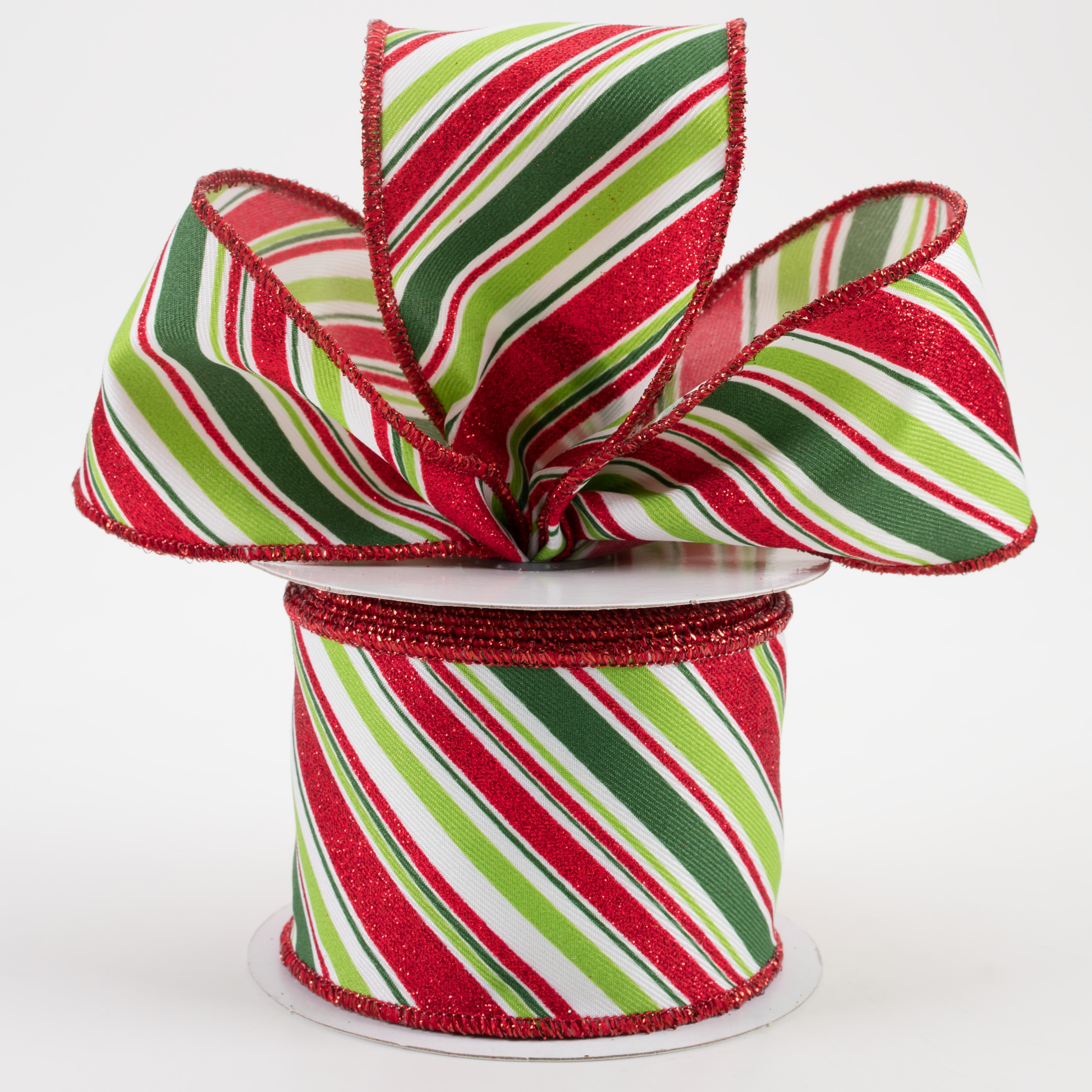 2.5" Diagonal Stripe Ribbon: White, Emerald, Lime, Red (10 Yards) Lifestyle Photo