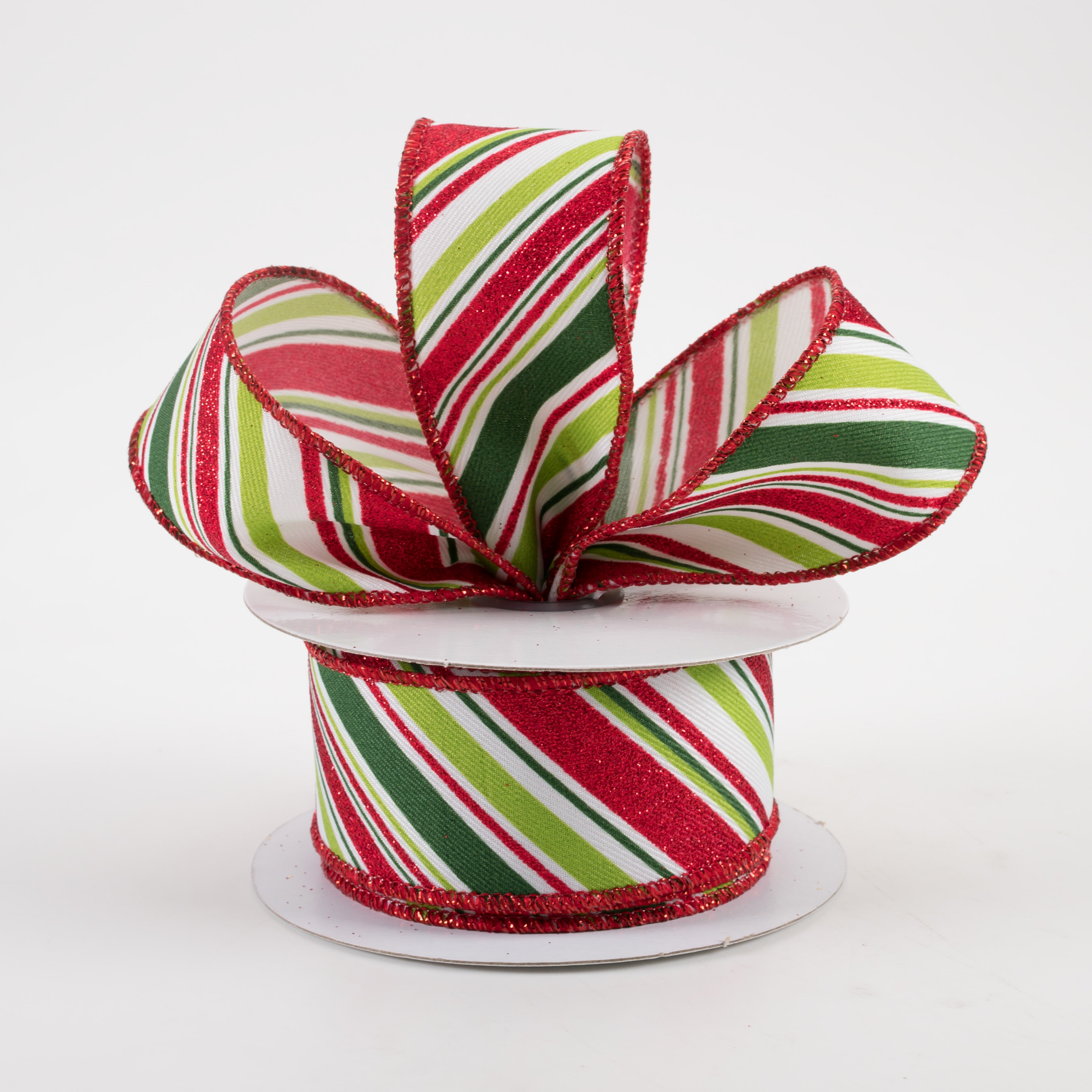 1.5" Diagonal Stripe Ribbon: White, Emerald, Lime, Red (10 Yards) Lifestyle Photo