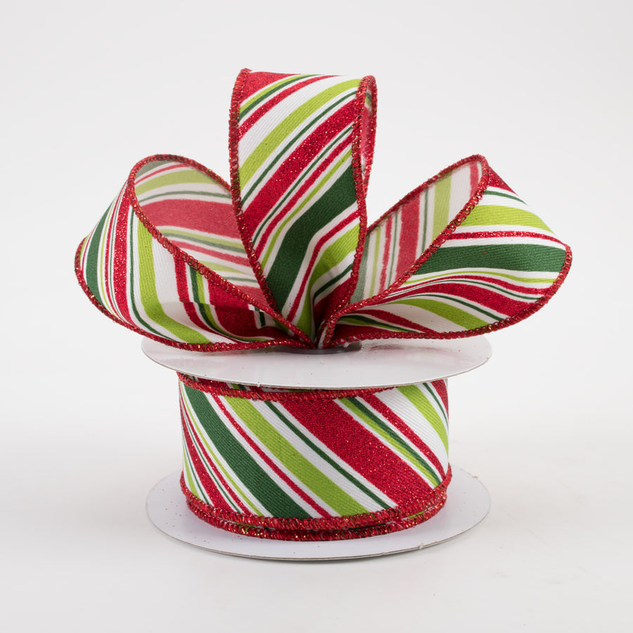 1.5" Diagonal Stripe Ribbon: White, Emerald, Lime, Red (10 Yards) Lifestyle Photo