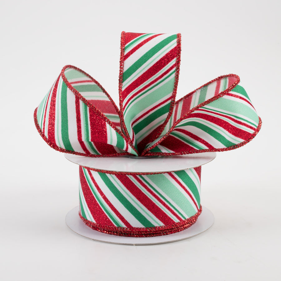 1.5" Diagonal Stripe Ribbon: White, Mint, Jade, Red (10 Yards) Lifestyle Photo