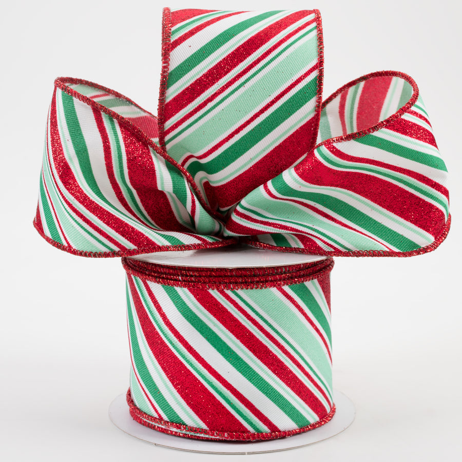 2.5" Diagonal Stripe Ribbon: White, Mint, Jade, Red (10 Yards) Lifestyle Photo