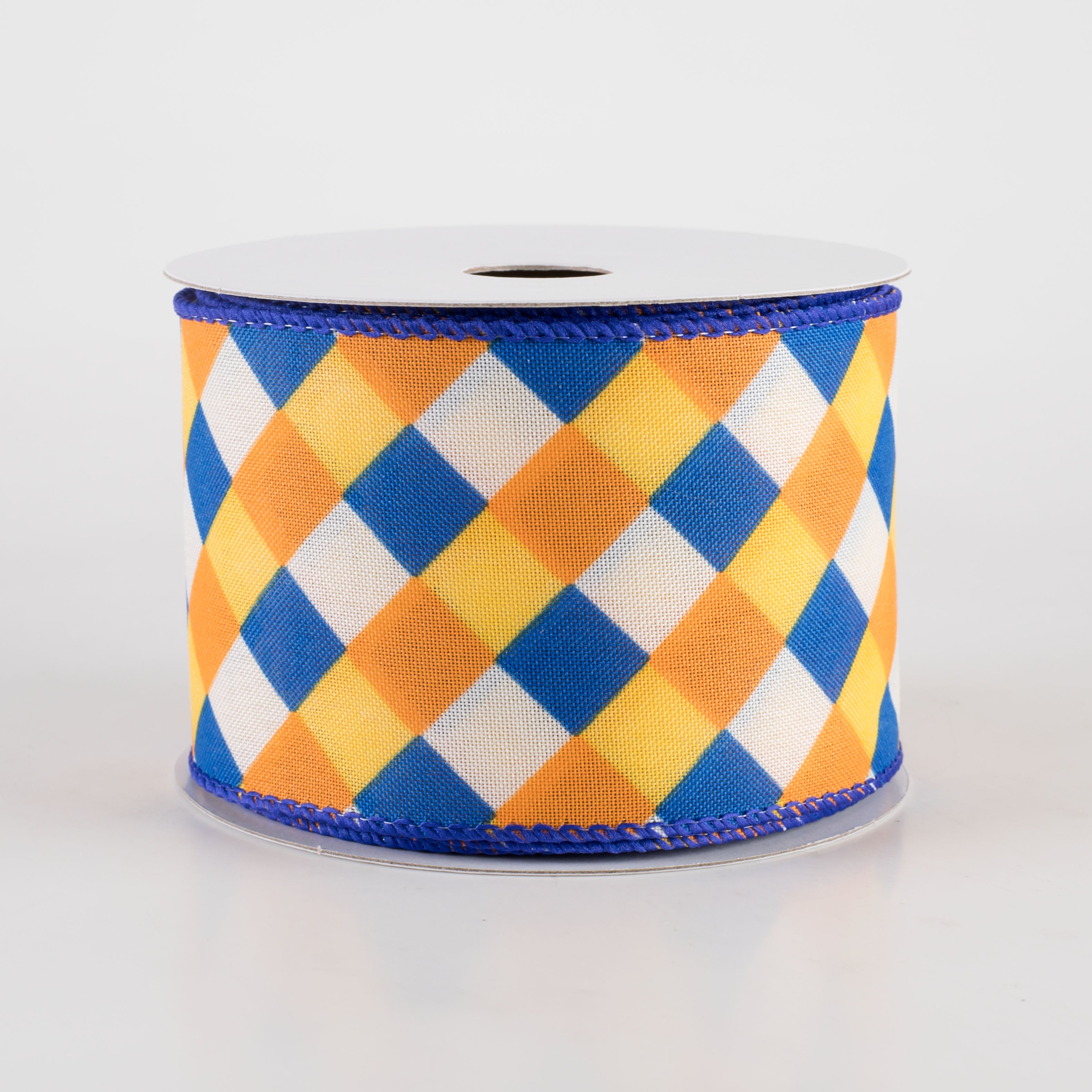 2.5" Diagonal Stripes Ribbon: Royal, Orange & Sunflower on Ivory (10 Yards) Item Number: 61420-40-25